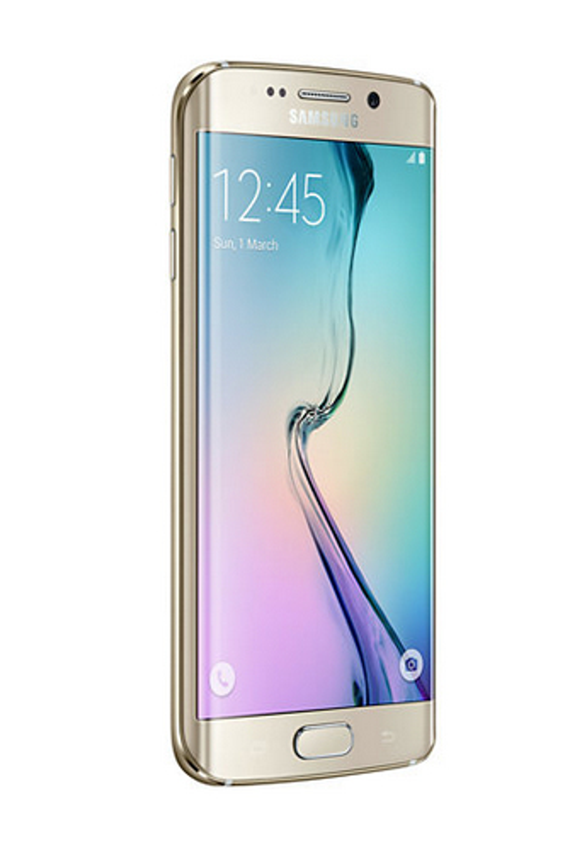 Goldenes Smartphone, zeigt einen Bildschirm mit Uhrzeit und farbenfrohem Hintergrundbild.