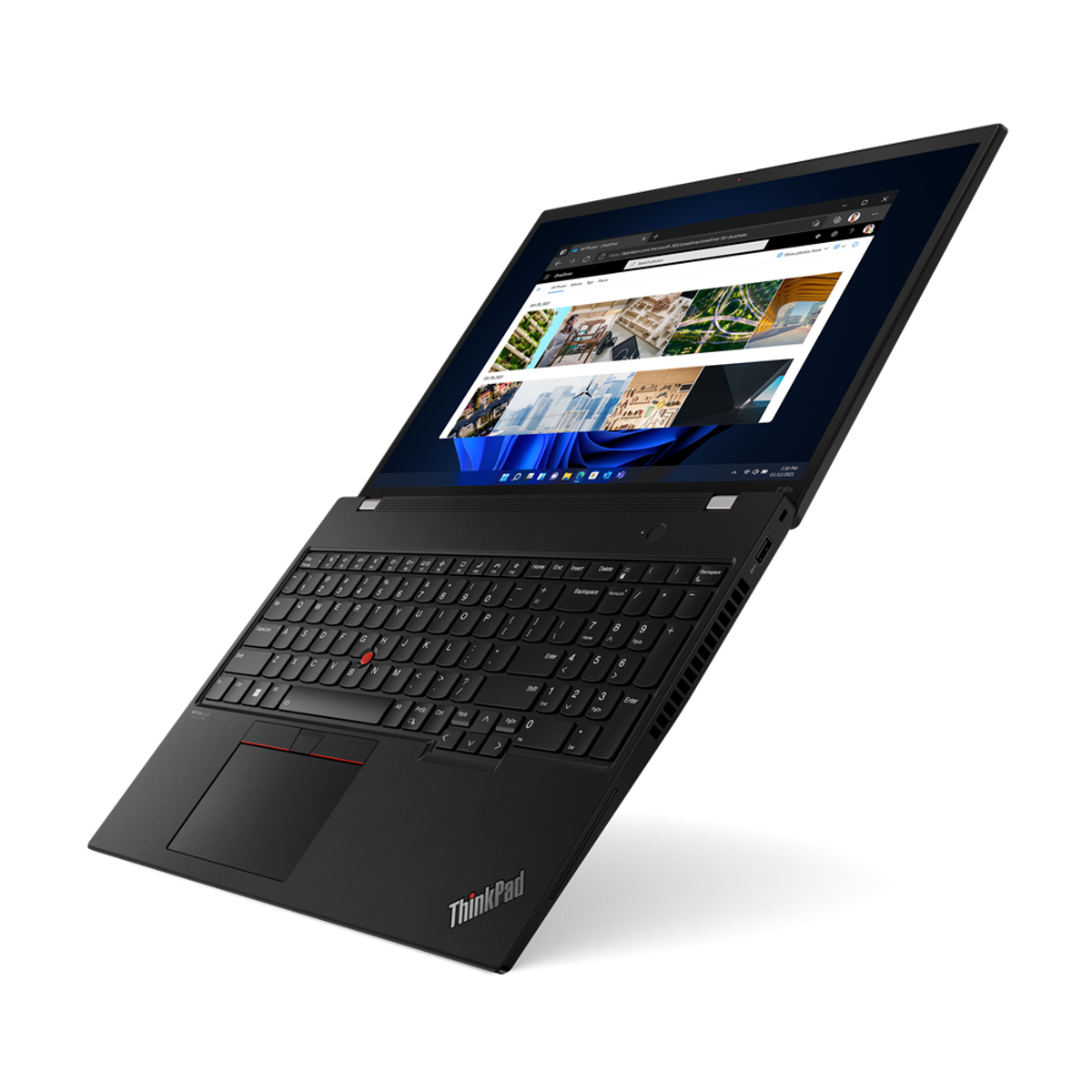 Schwarzes ThinkPad-Laptop geöffnet, Tastatur und Bildschirm.