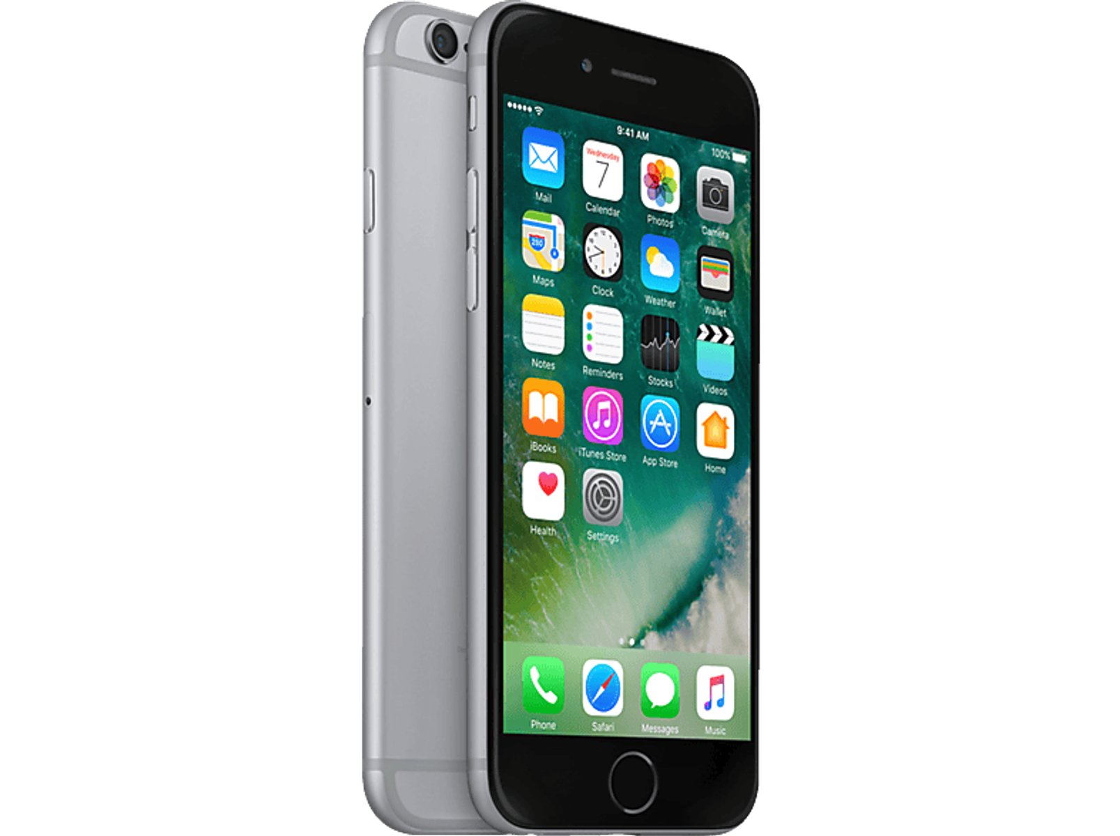 Zwei silberne iPhones, eines mit Startbildschirm. Schwarzer Hintergrund.