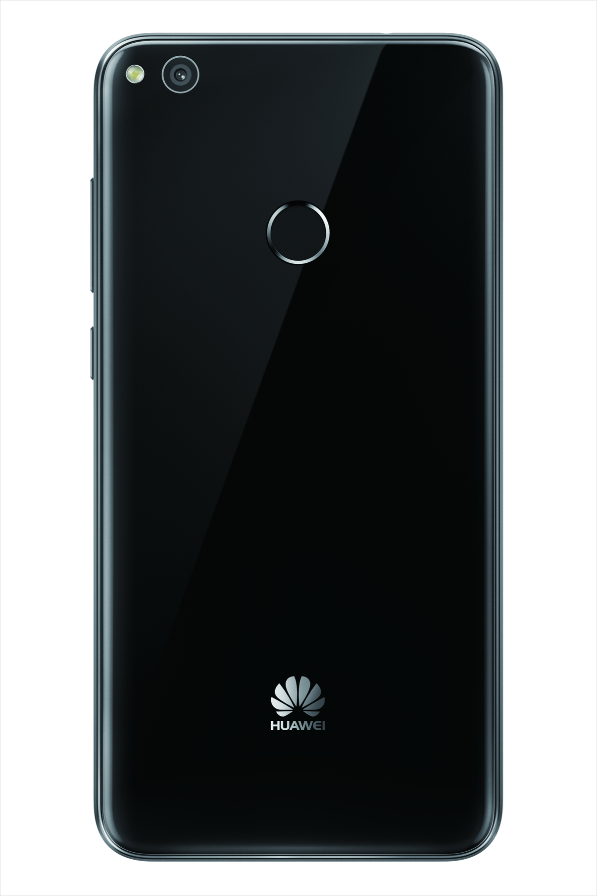 Die Rückseite eines schwarzen Smartphones mit Kamera, rundem Fingerabdrucksensor und Logo.