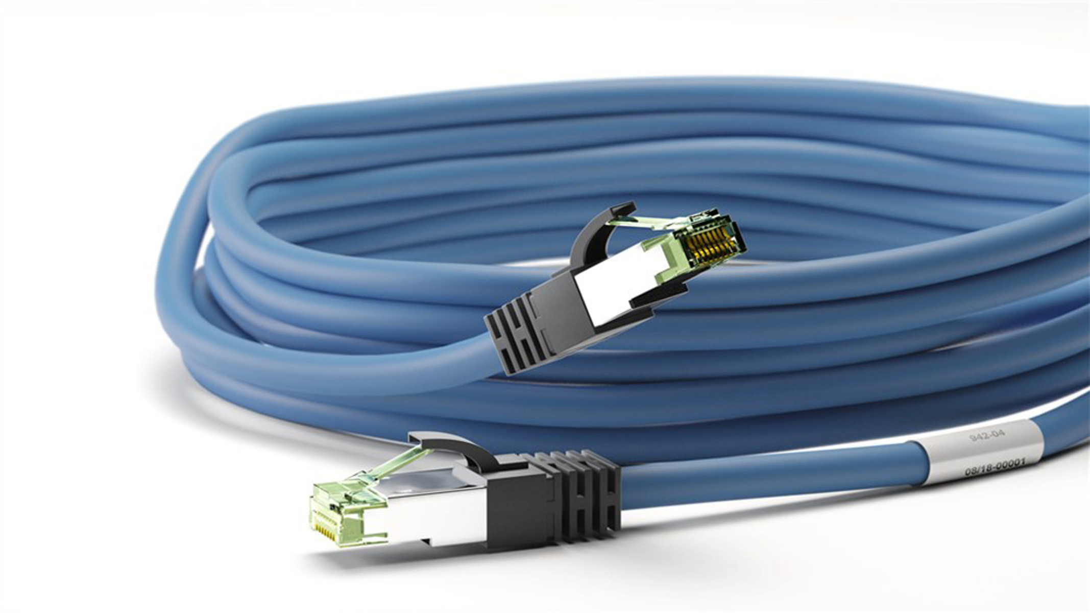 Blue Ethernet cable with RJ45 connectors.  White background.