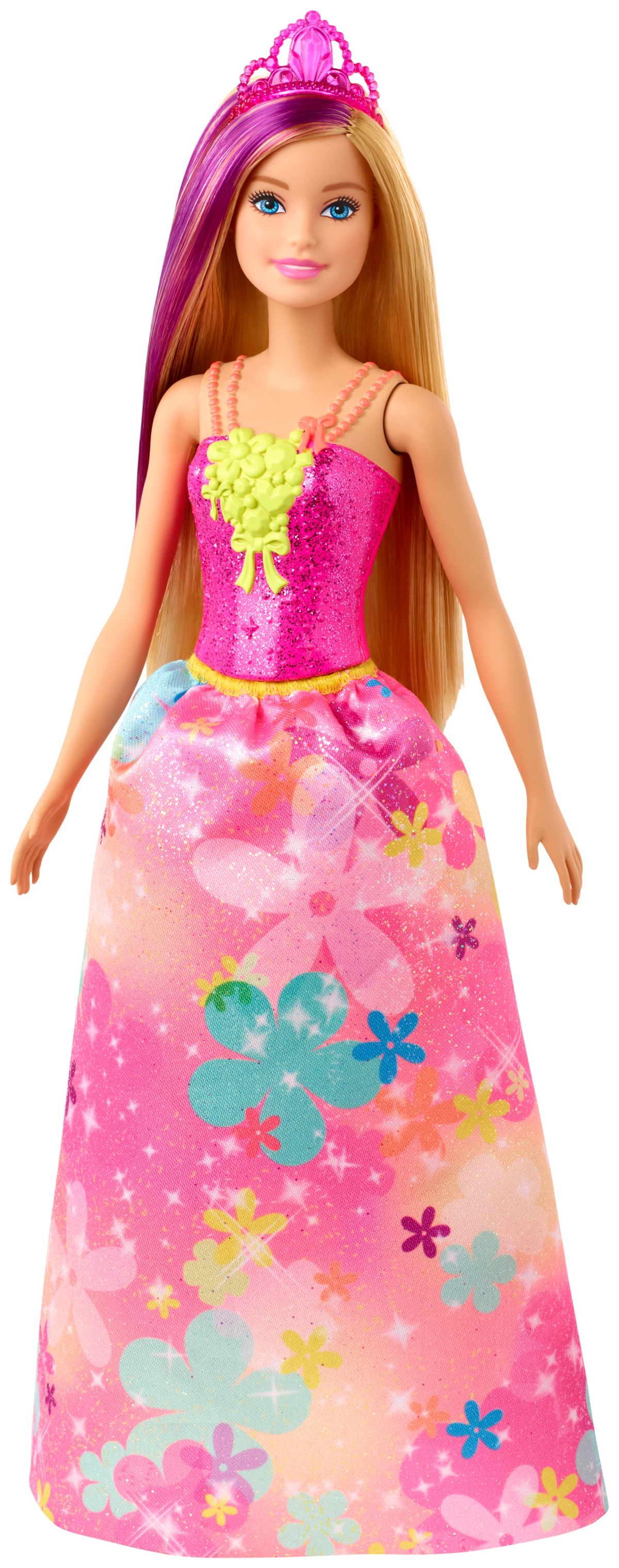 Barbie-Puppe mit rosa Kleid und Tiara, langes blondes Haar mit violetten Strähnen.