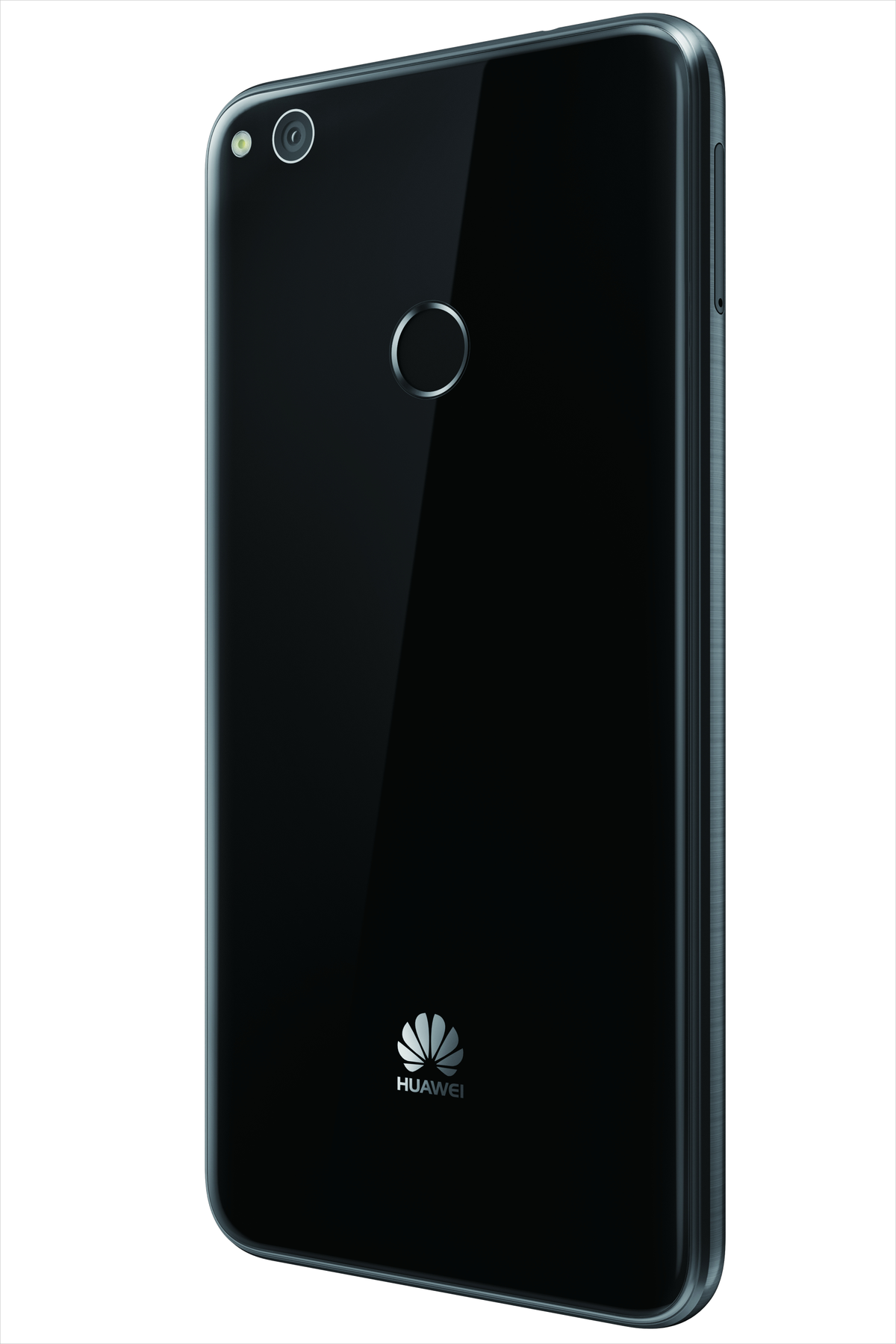 Schwarzes Telefon, Rückansicht. Zeigt Kamera, Fingerabdrucksensor und Huawei.