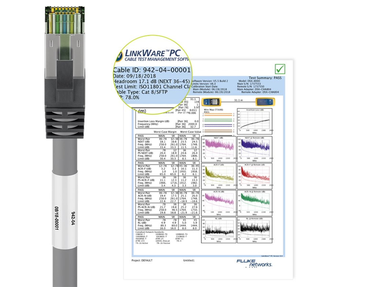A cable and test results sheet. Details of the cable and test are shown.