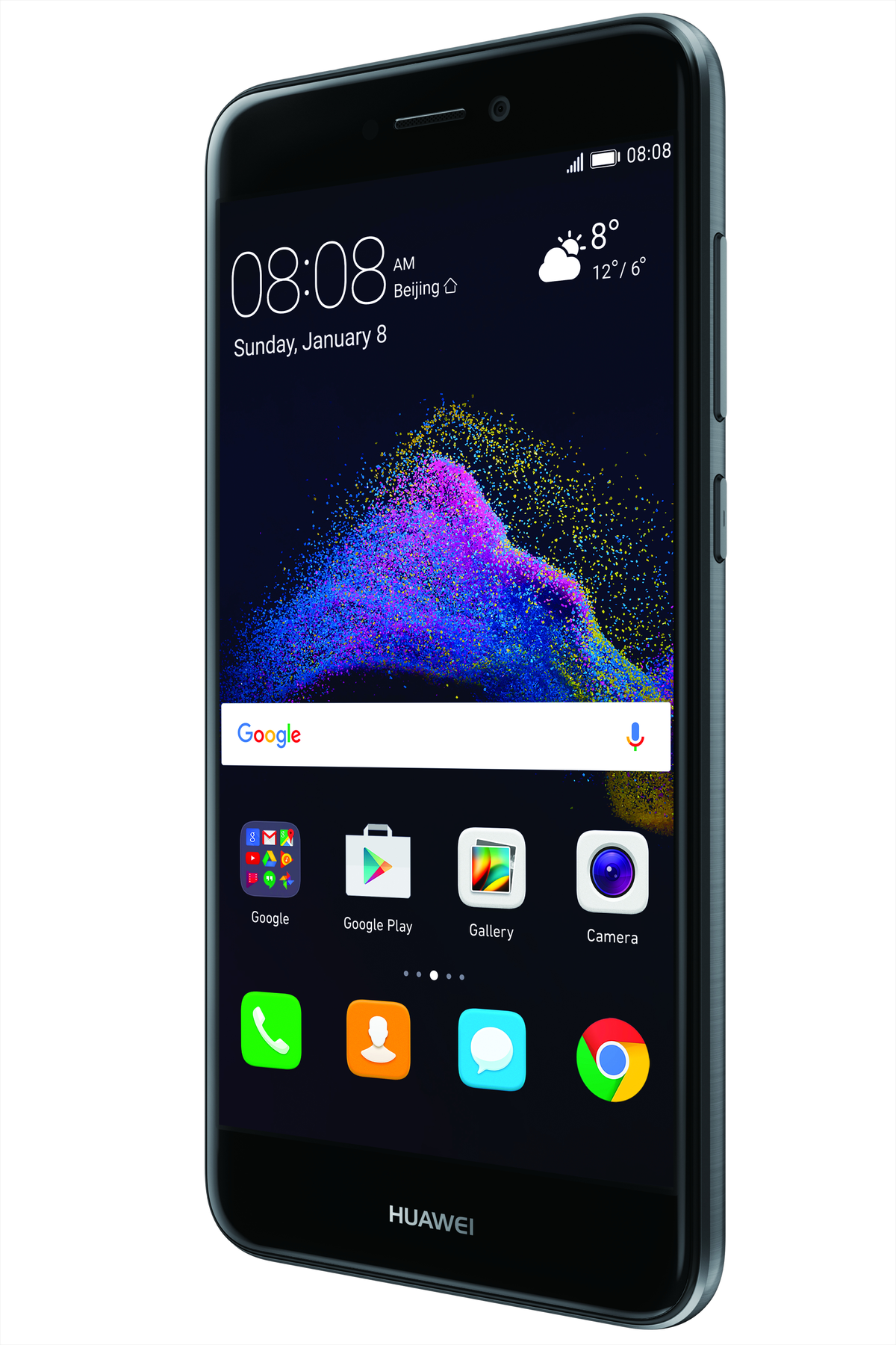 Ein schwarzes Huawei-Smartphone, das einen Startbildschirm anzeigt. Der Bildschirm zeigt Uhrzeit, Datum, Wetter und App-Symbole.