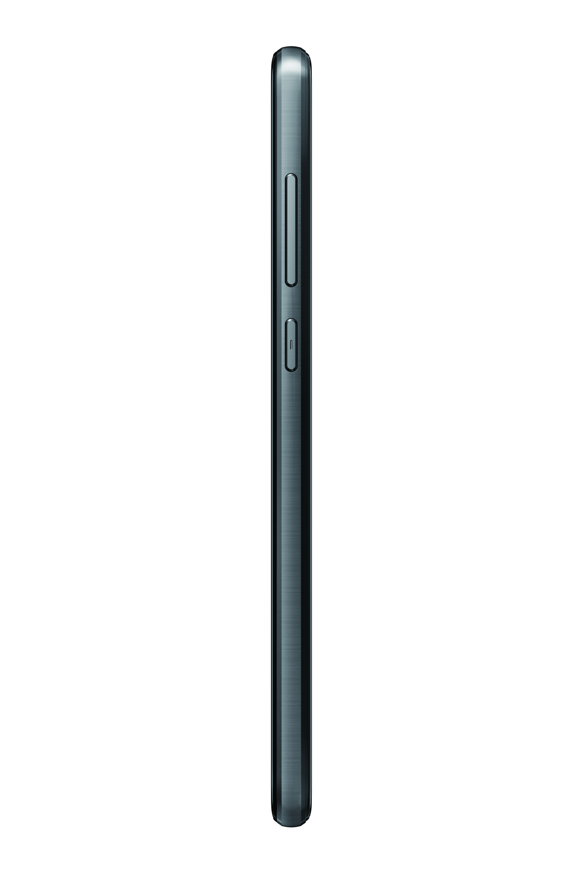 Seitenansicht eines dunkel türkisblauen Smartphones, das die Ein- und Aus- sowie die Lautstärketasten zeigt.