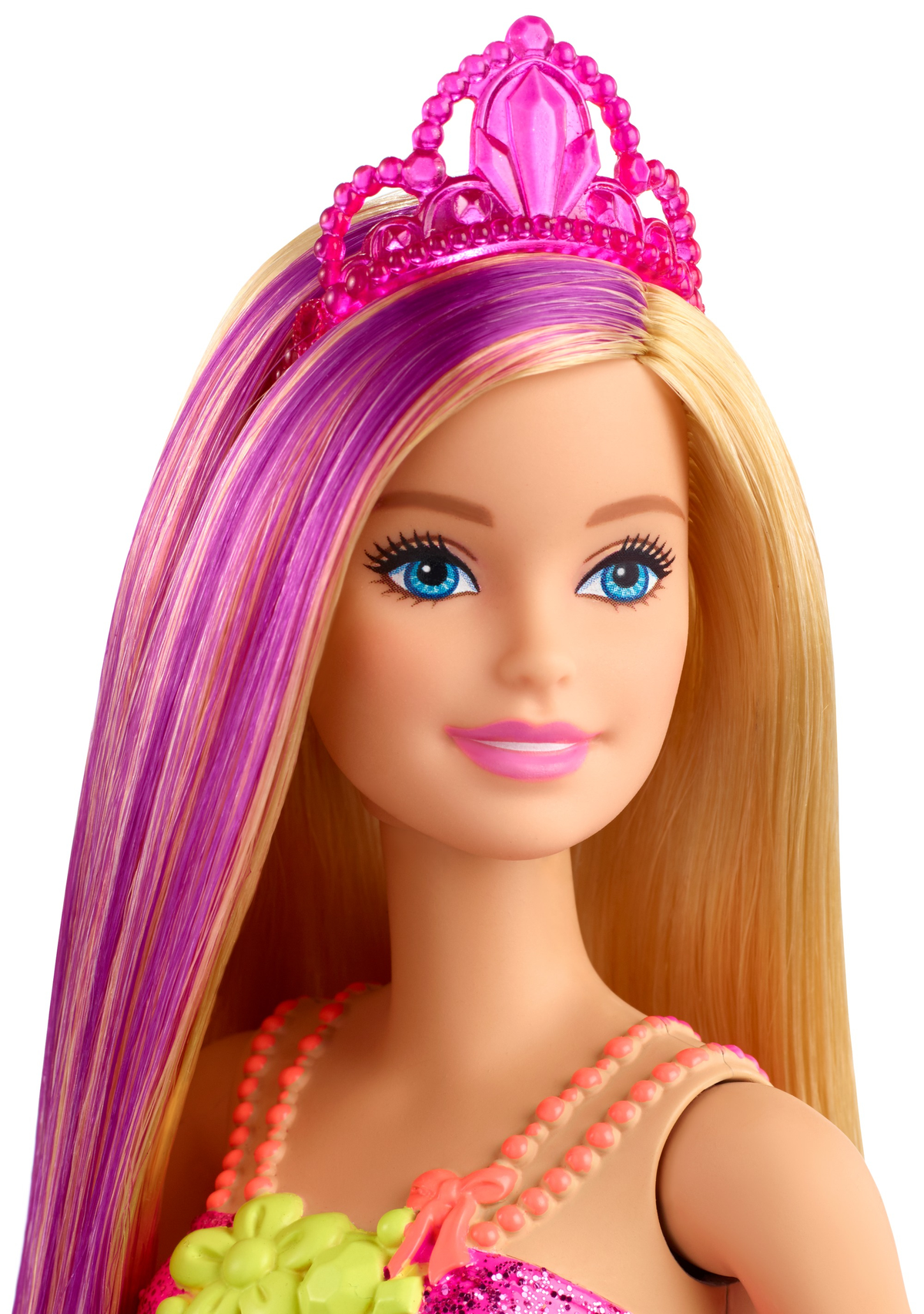 Nahaufnahme des Gesichts der Barbie-Puppe mit blauen Augen, rosa Lippen und einer rosa Tiara.