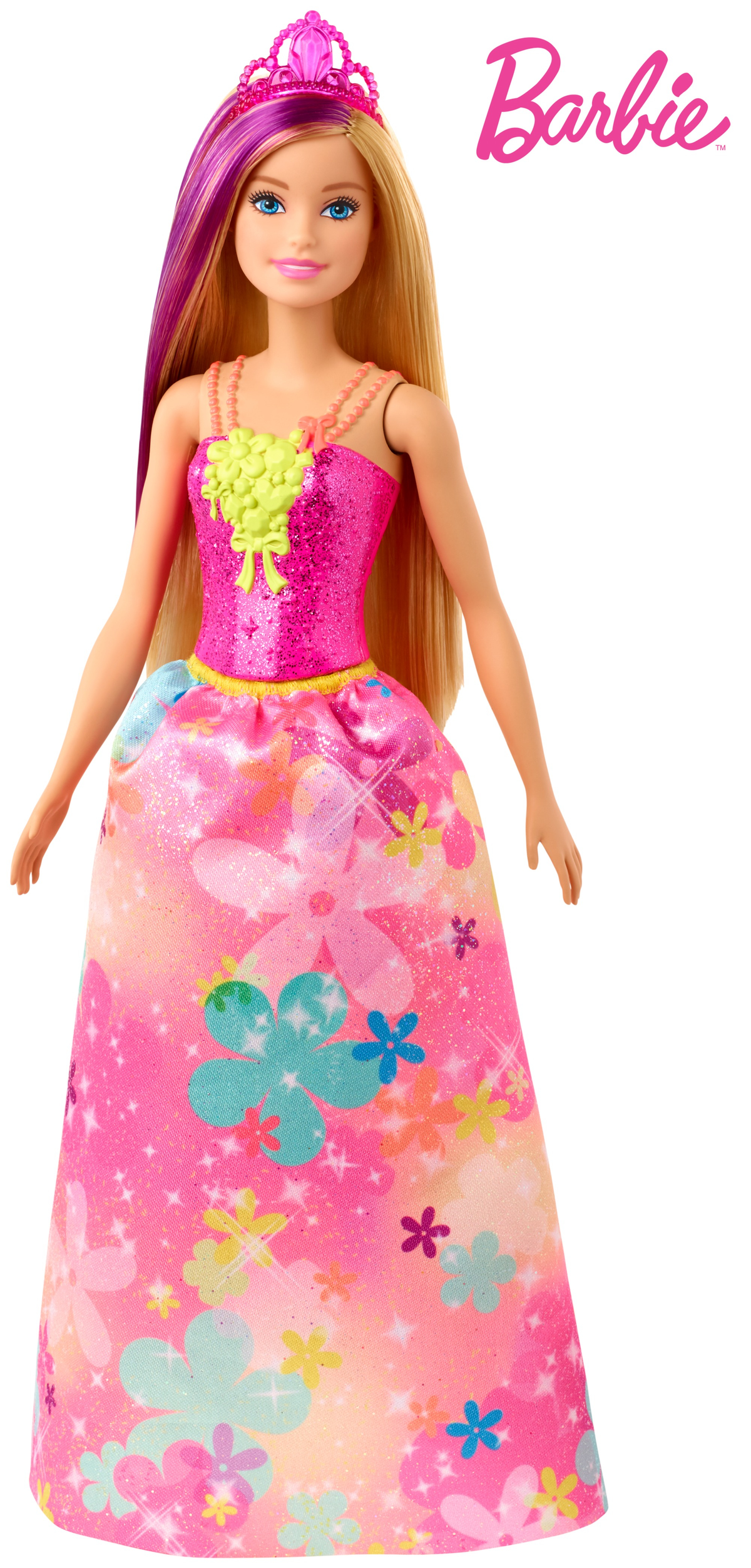 Barbie-Puppe mit rosa Kleid mit Blumendruck, Tiara und langem blondem Haar mit Lila.