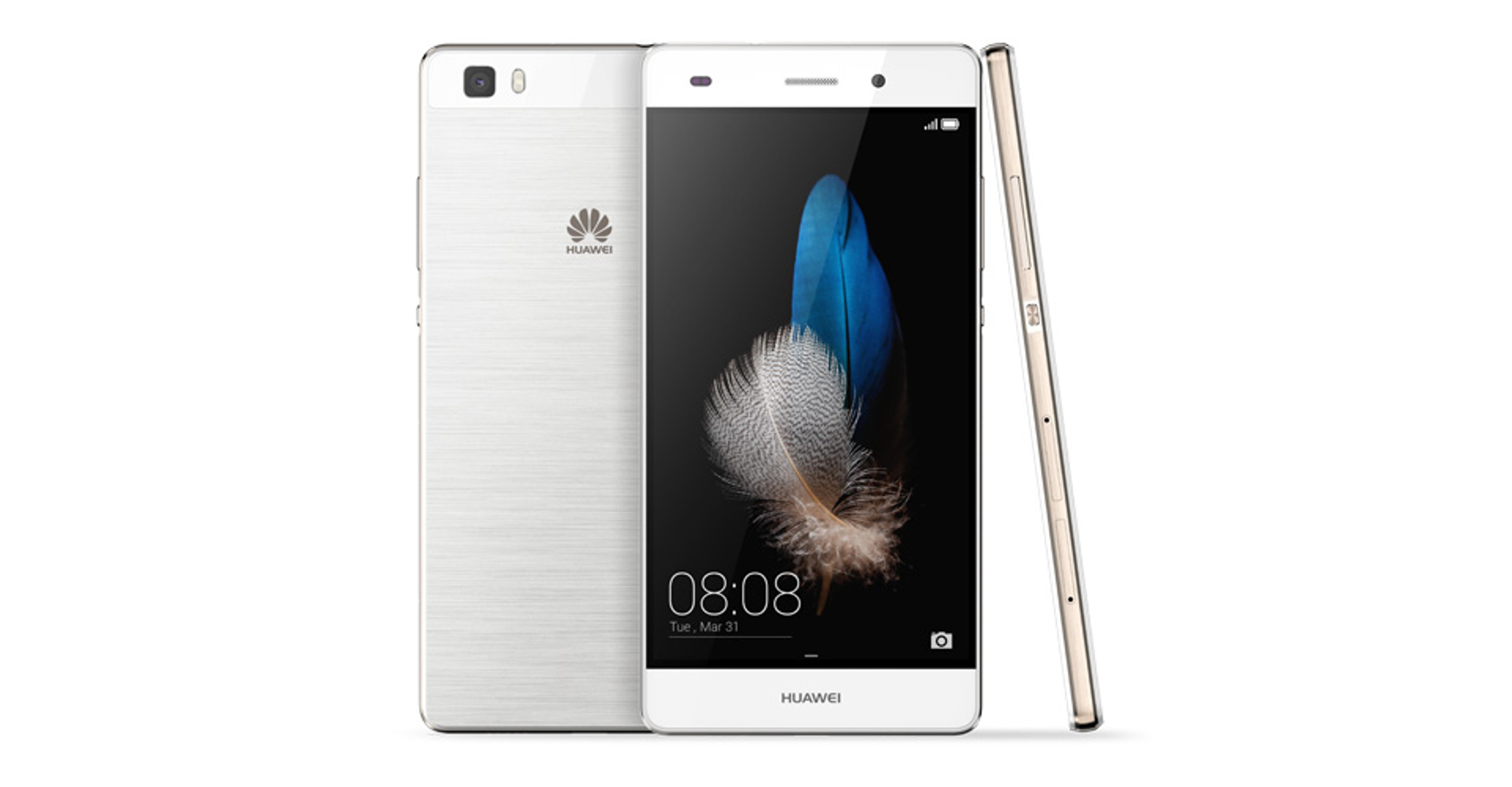 Weißes Huawei-Telefon mit Federbild auf dem Bildschirm und Rückansicht.