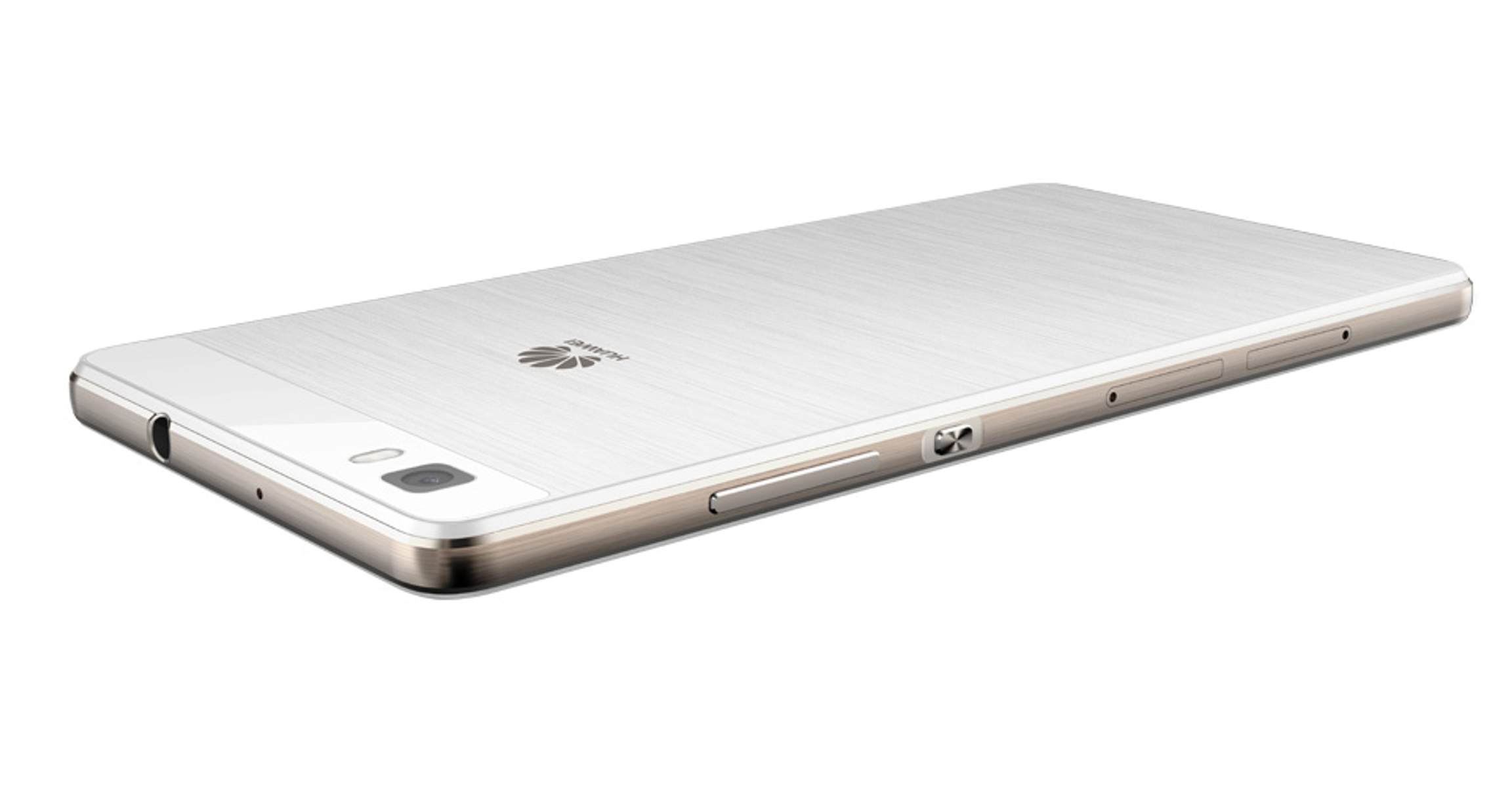 Weißes Huawei-Telefon mit gebürstetem Metall-Finish, aus einem Winkel betrachtet, auf weißem Hintergrund.