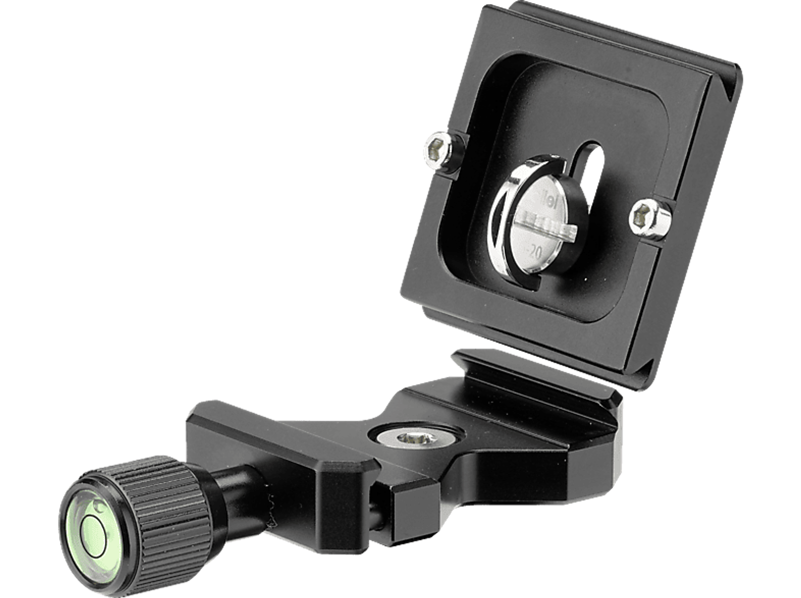 Czarna metalowa głowica statywu aparatu na czarnym tle. Posiada poziomicę i pokrętło dokręcania.