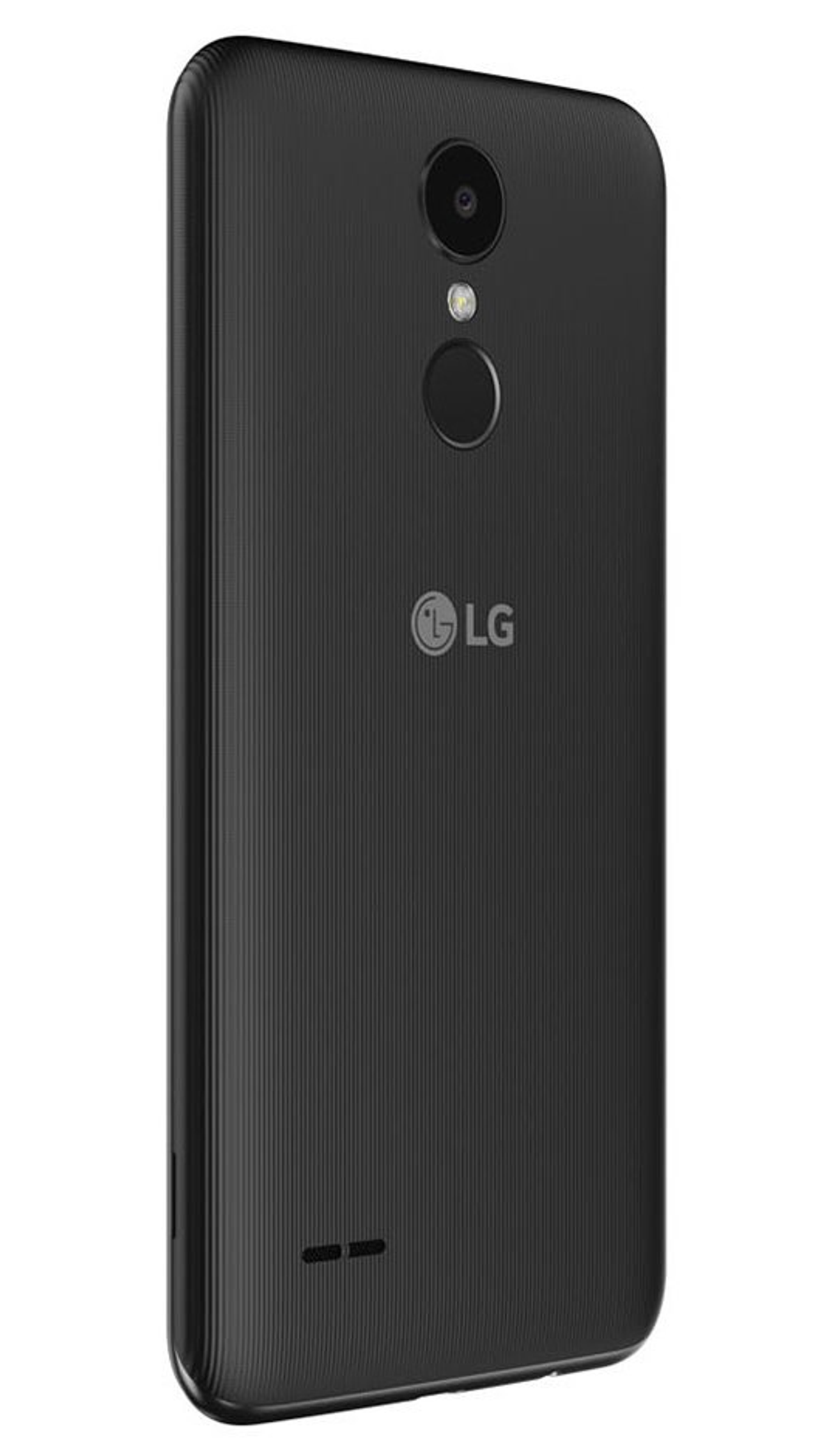 Schwarzes LG-Telefon mit einer einzelnen Kamera und einem Fingerabdrucksensor auf der Rückseite. Die Rückseite des Telefons ist strukturiert.