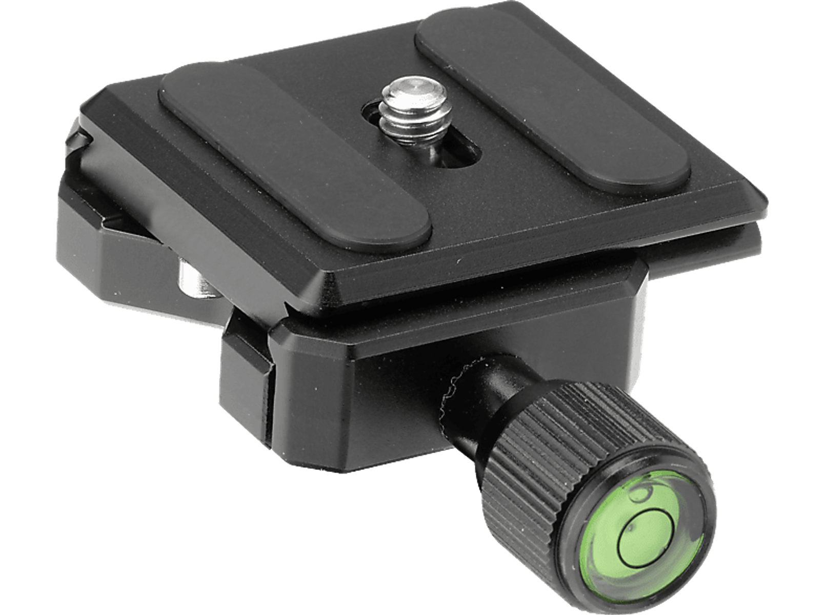 Czarna metalowa głowica statywu z poziomicą i pokrętłem.