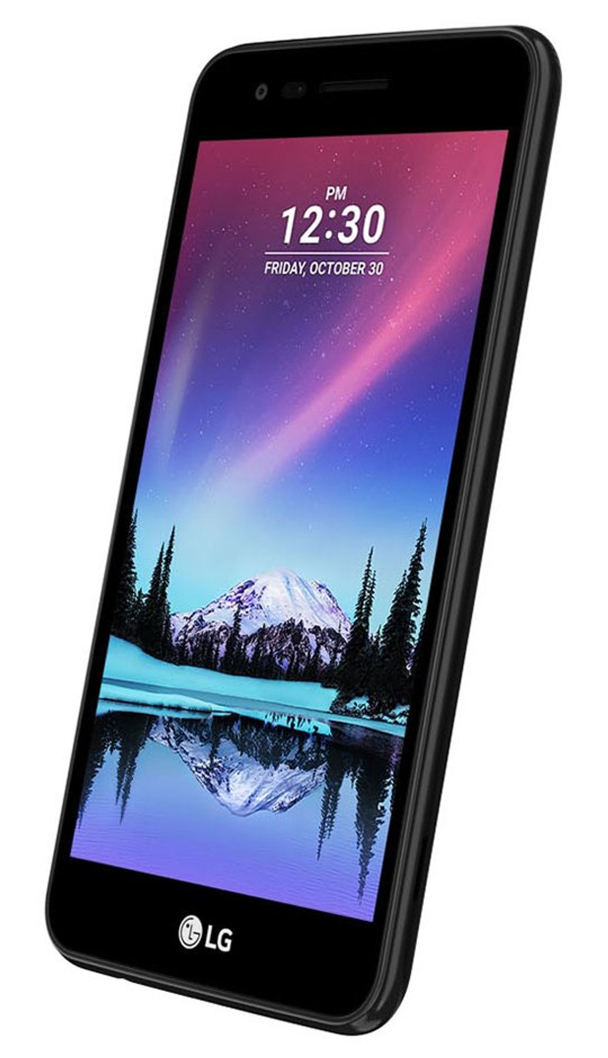 Schwarzes LG-Telefon, das eine Landschaftsszene mit einem See und Bergen anzeigt. Uhrzeit und Datum werden angezeigt.
