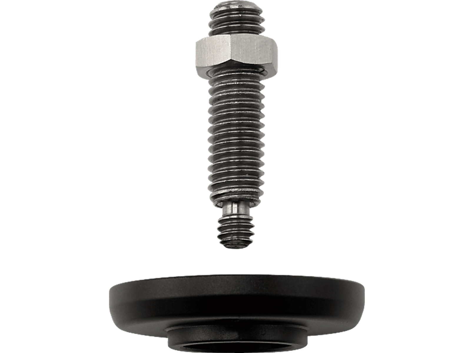 Śruba z nakrętką nad czarną okrągłą podstawą. Śruba jest srebrna, podstawa czarna.