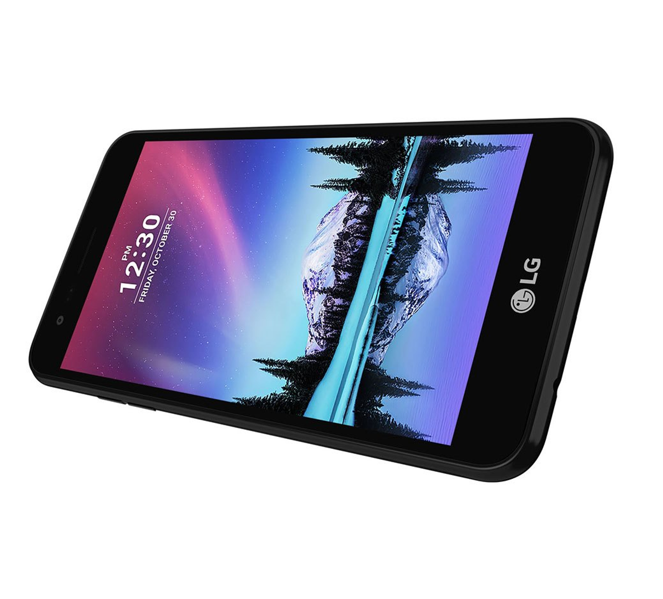 Ein schwarzes Smartphone, das ein Landschaftsbild mit Uhrzeit und Datum zeigt.