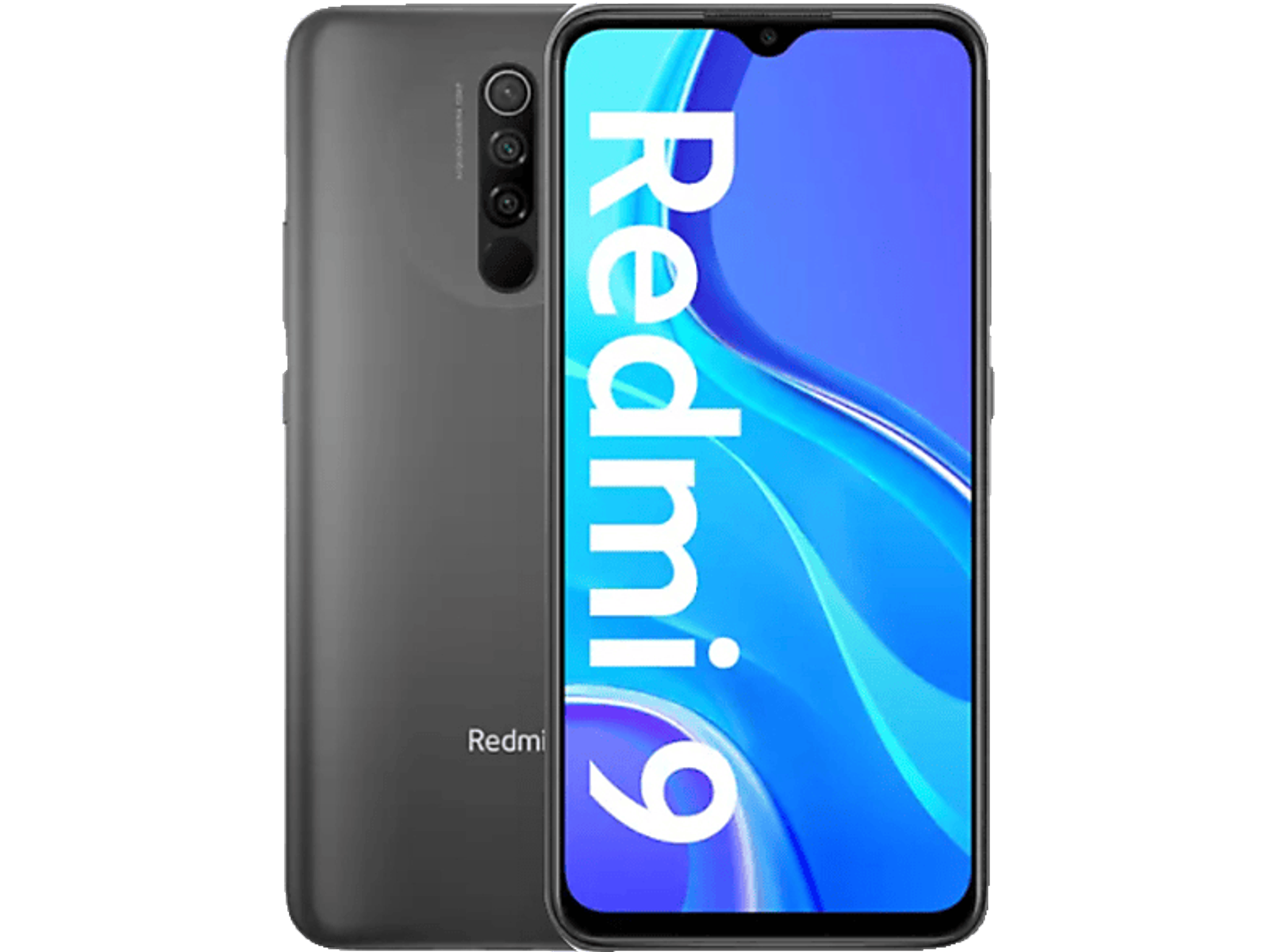 Ein graues Redmi 9-Smartphone, Vorderseite mit Redmi 9-Text auf dem Bildschirm.