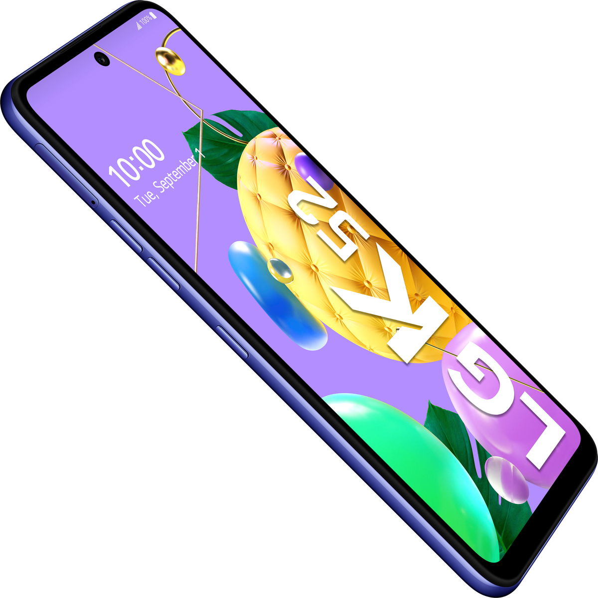 Lila Smartphone mit Bildschirm, der farbenfrohe abstrakte Kunst zeigt. Die Uhrzeit ist 10:00, 1. Sept.