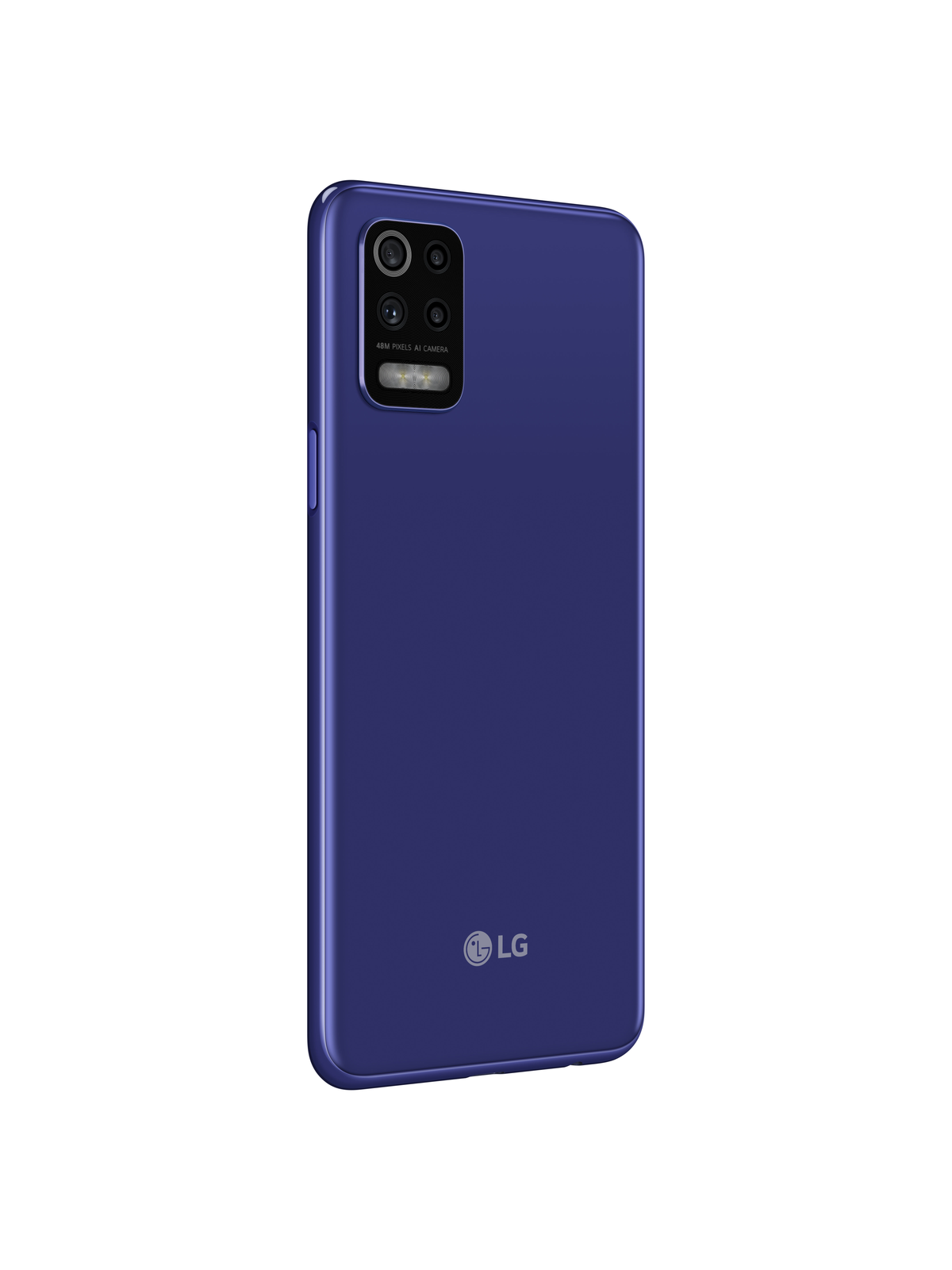 Ein blaues LG-Smartphone von hinten gesehen, mit Kameramodul und LG-Logo unten.