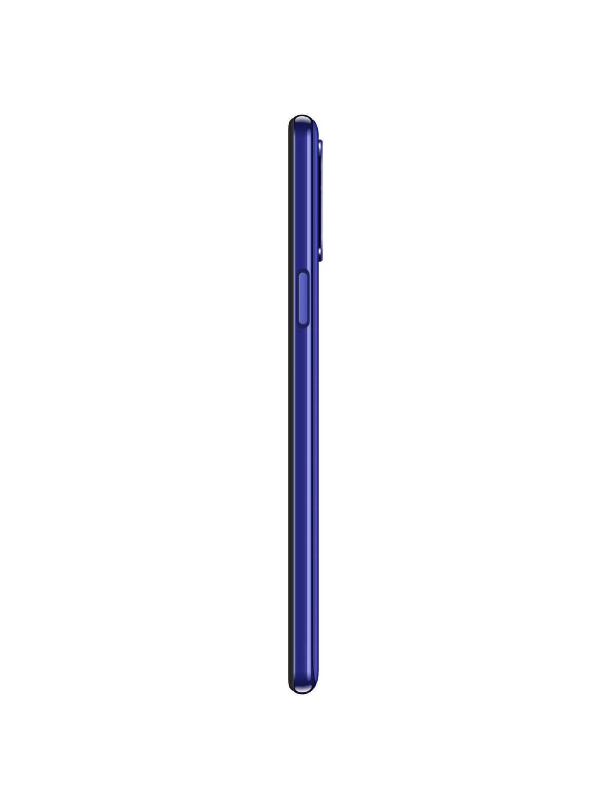 Seitenansicht eines lila Smartphones, schlankes Design. Kamera und Tasten sind an der Seite.