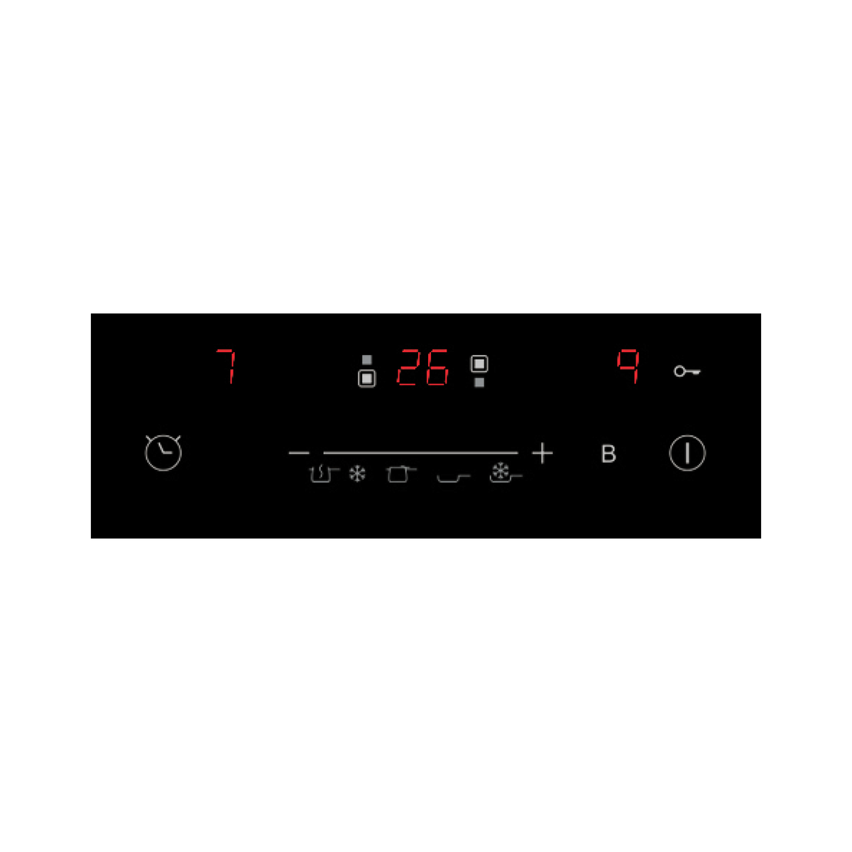 Una pantalla de placa de inducción negra. Muestra los números 7 y 26, y varios símbolos de cocina y botones de control.