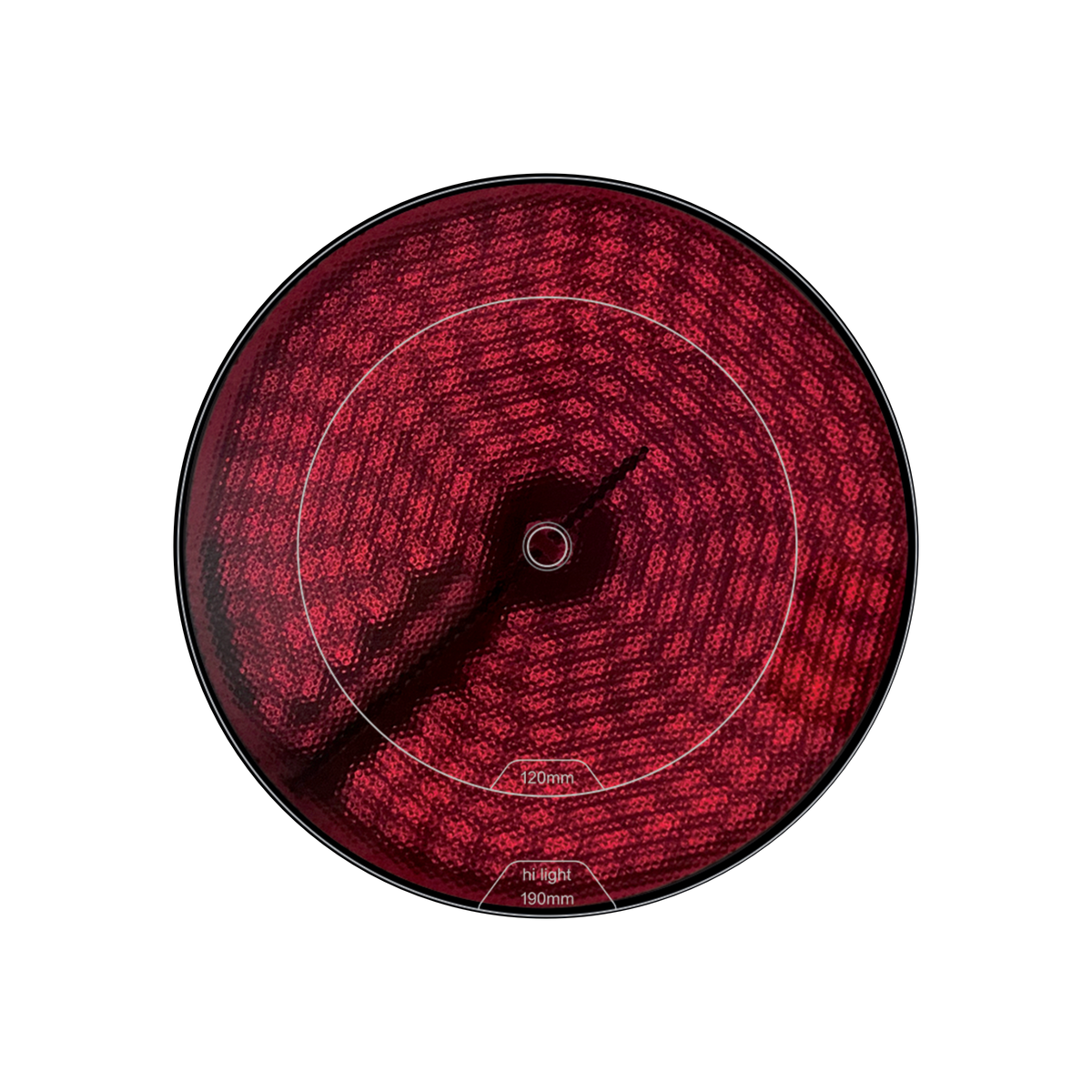 Elemento calefactor circular rojo con círculos concéntricos blancos. Muestra dimensiones.