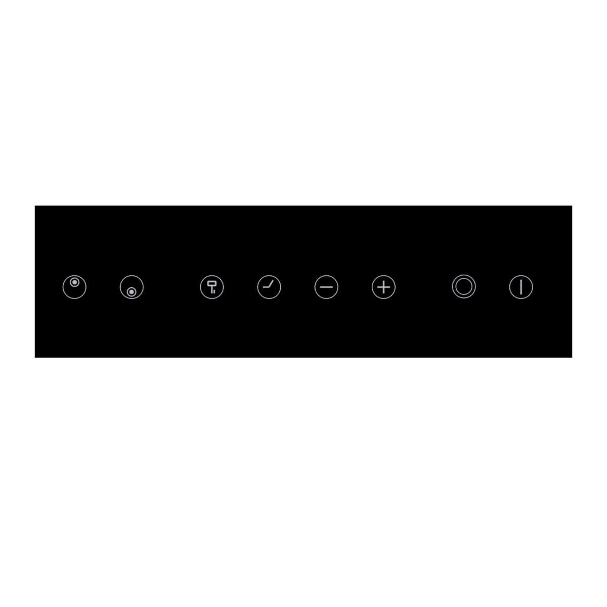 Panel de control negro con iconos blancos para encendido, temperatura y otros ajustes.