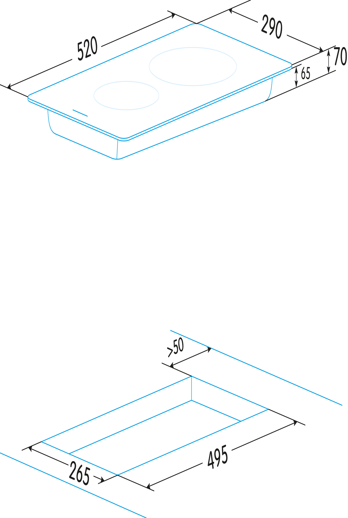 Un diagrama que muestra una encimera con dimensiones en milímetros.