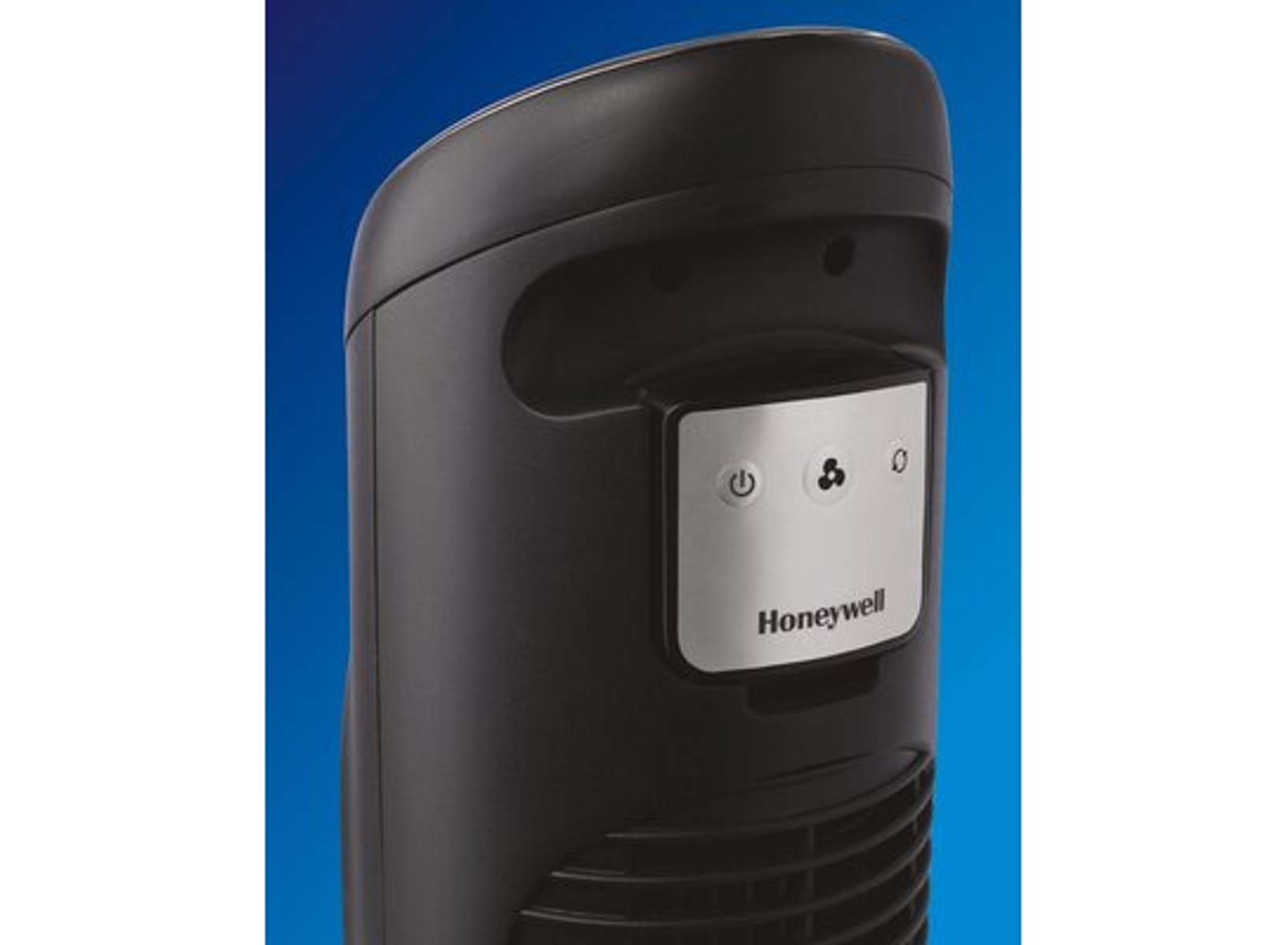 Czarny wentylator wieżowy Honeywell, zbliżenie panelu sterowania.