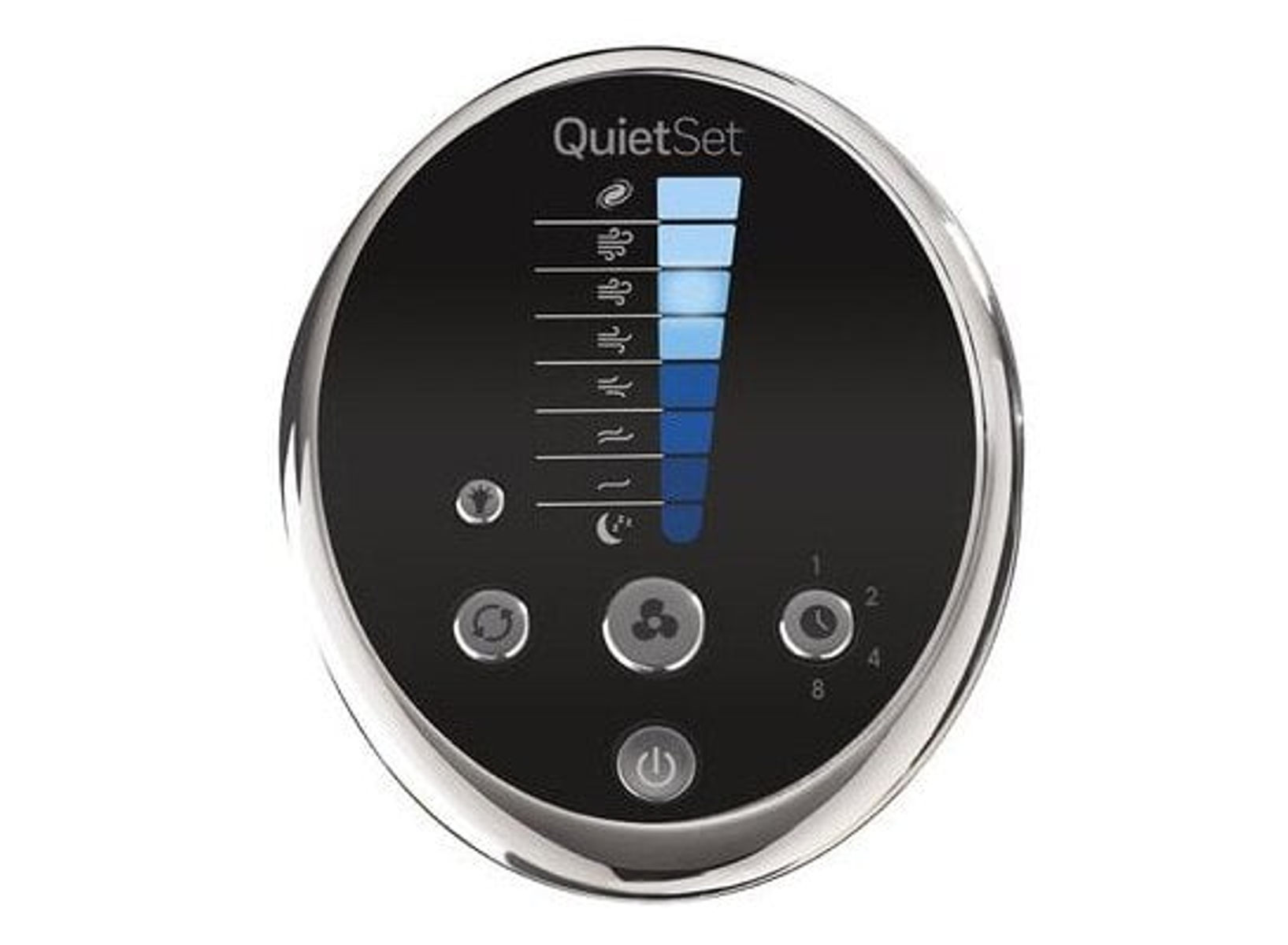 Panel sterowania wentylatorem QuietSet z różnymi opcjami wiatru i ustawieniami prędkości wentylatora.