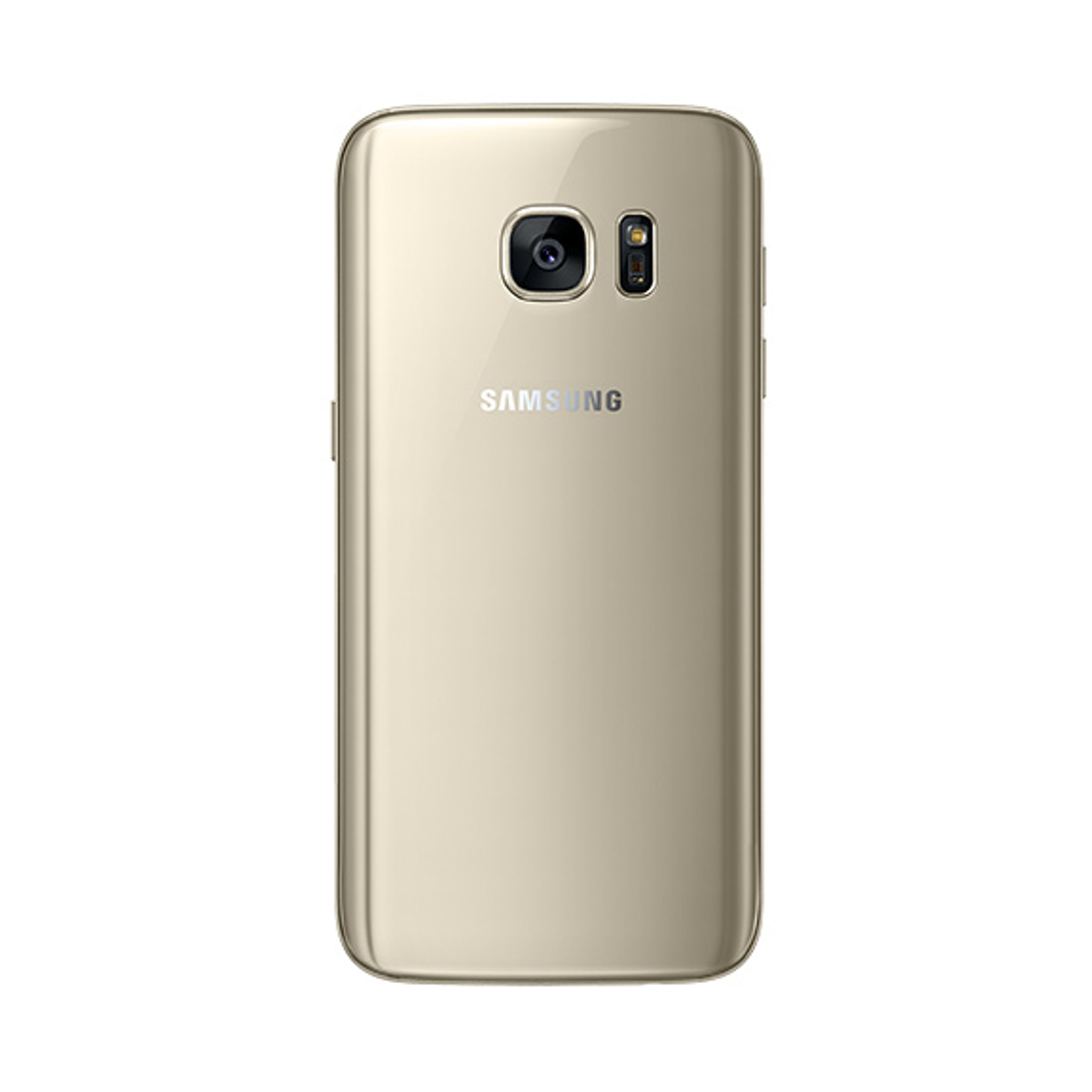 La parte trasera de un smartphone dorado con cámara y el logo de Samsung se muestra.