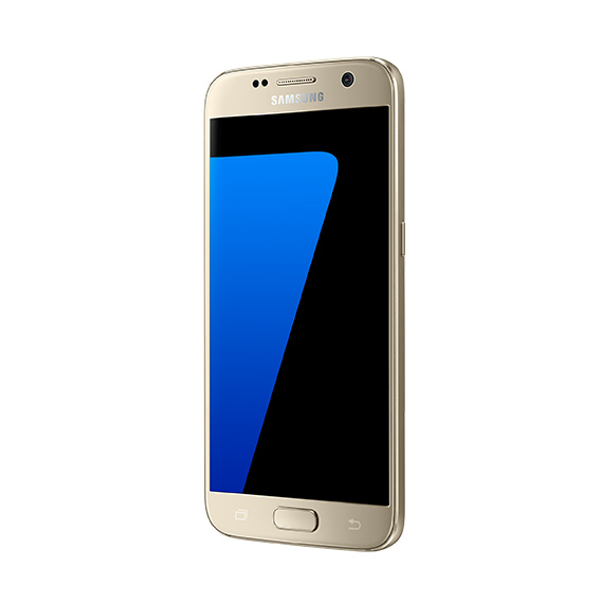 Smartphone dorado con pantalla negra y detalles azules. Fondo blanco.