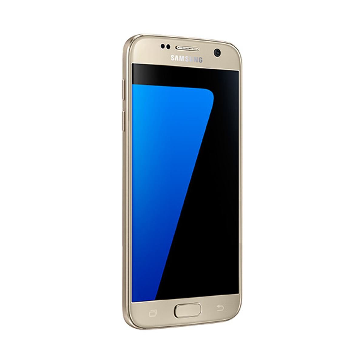 Smartphone dorado con pantalla azul. La marca "SAMSUNG" es visible.