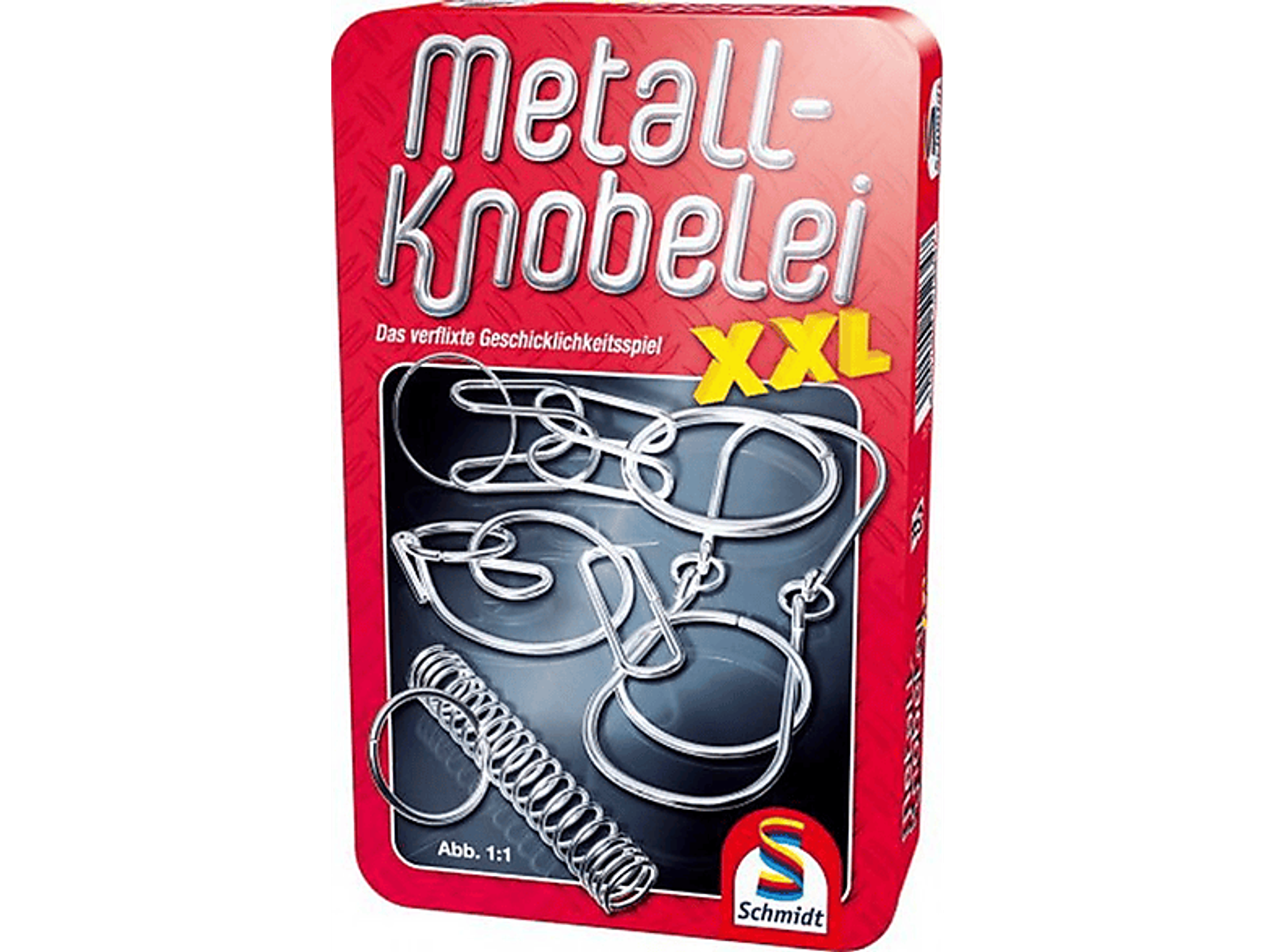 Rote Box mit einem Metallpuzzle. Das Puzzle besteht aus ineinandergreifenden Metallteilen. Die Box sagt 'Metall-Knobelei'.
