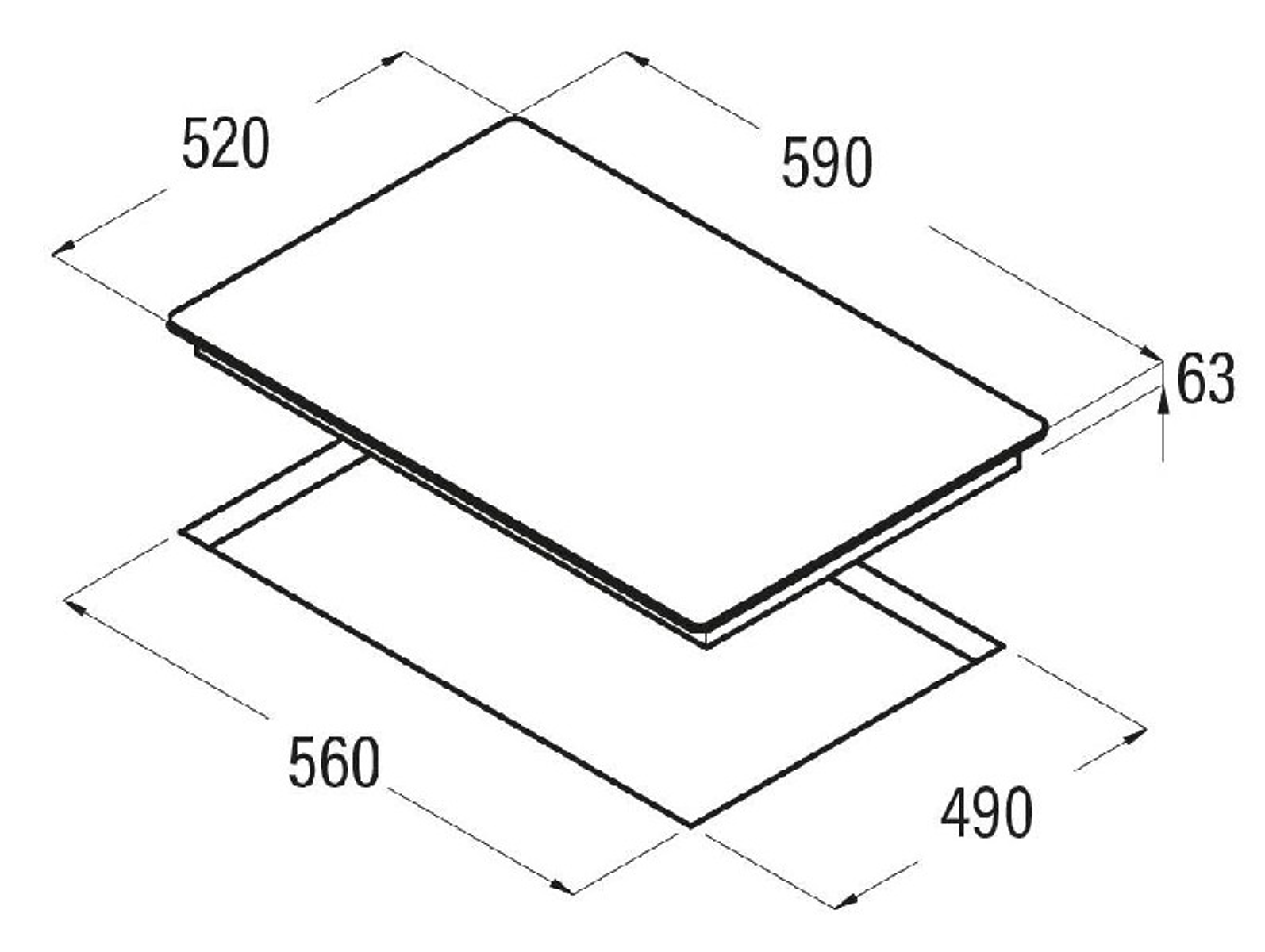 Diagrama de superficie de cocción rectangular. Dimensiones: 520x590, 560x490 y 63 mm grosor.