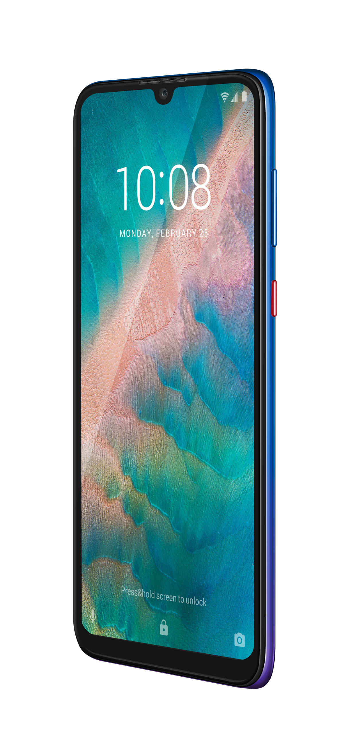 Blaues Smartphone mit buntem Bildschirm, der Zeit und Datum anzeigt, schwarzer Hintergrund.