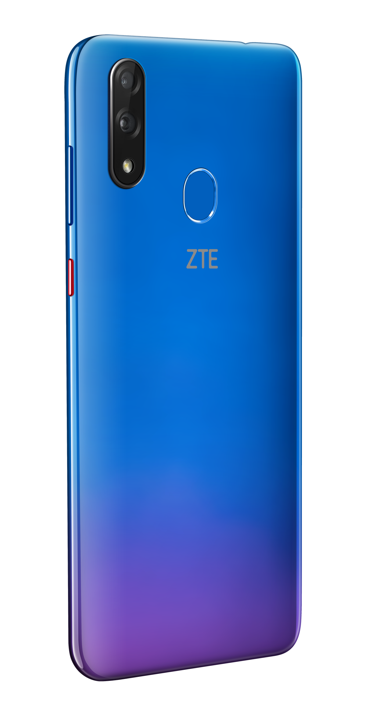 Die Rückseite eines blau-lila ZTE-Telefons. Es hat eine Kamera und das ZTE-Logo.