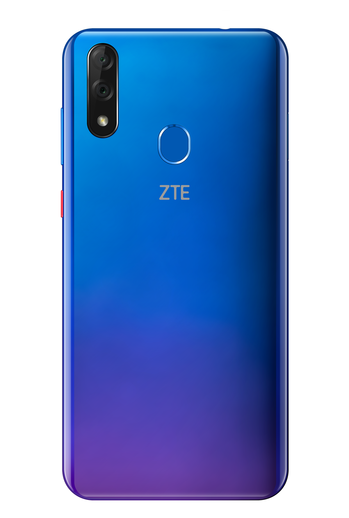 Rückseite eines Smartphones mit blau-lila Farbverlauf, Kamera und ZTE-Logo. Roter Knopf an der Seite.