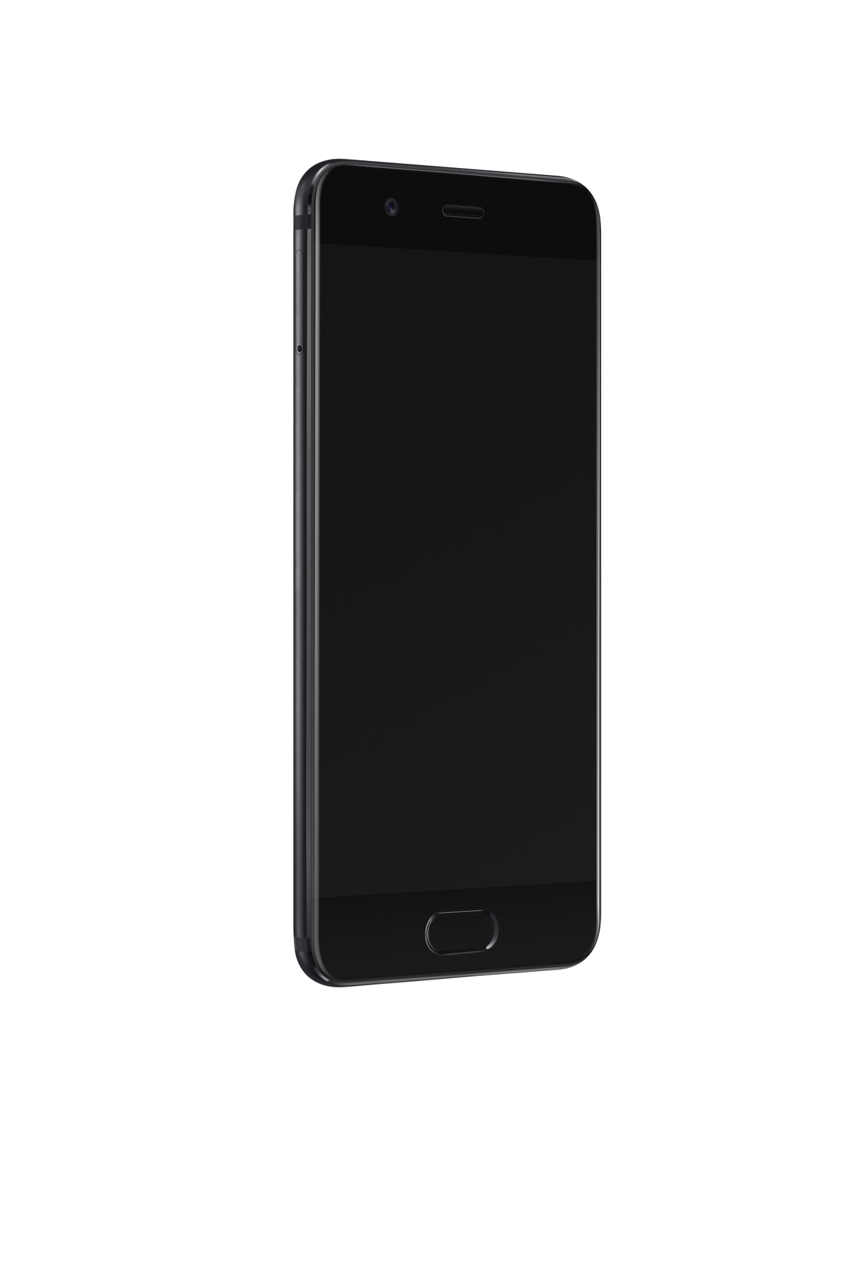 Smartphone nero. Vista angolata, con schermo nero. Il profilo laterale è visibile.