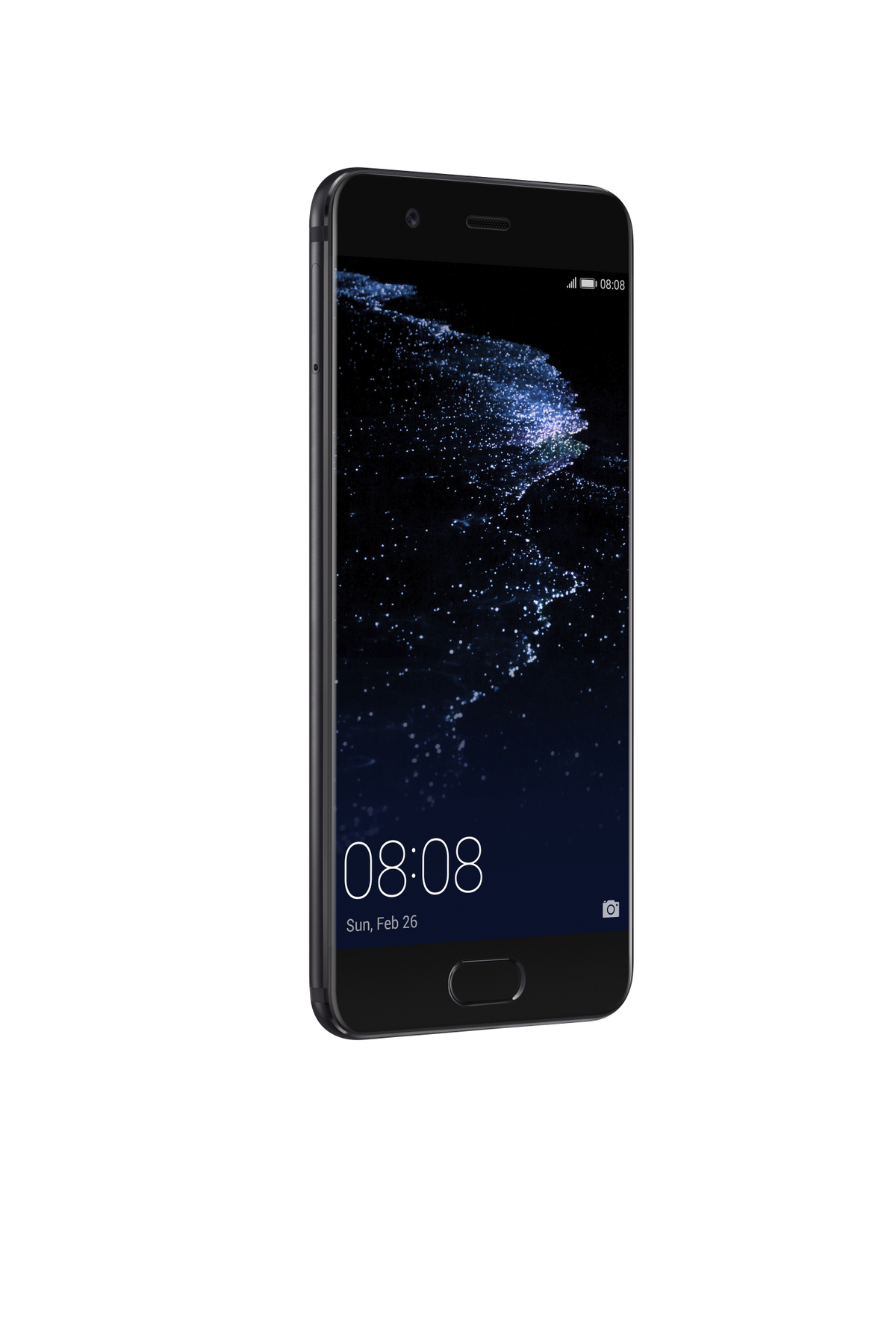 Smartphone nero su sfondo bianco, mostra l'ora 08:08. Il telefono è inclinato verso destra.