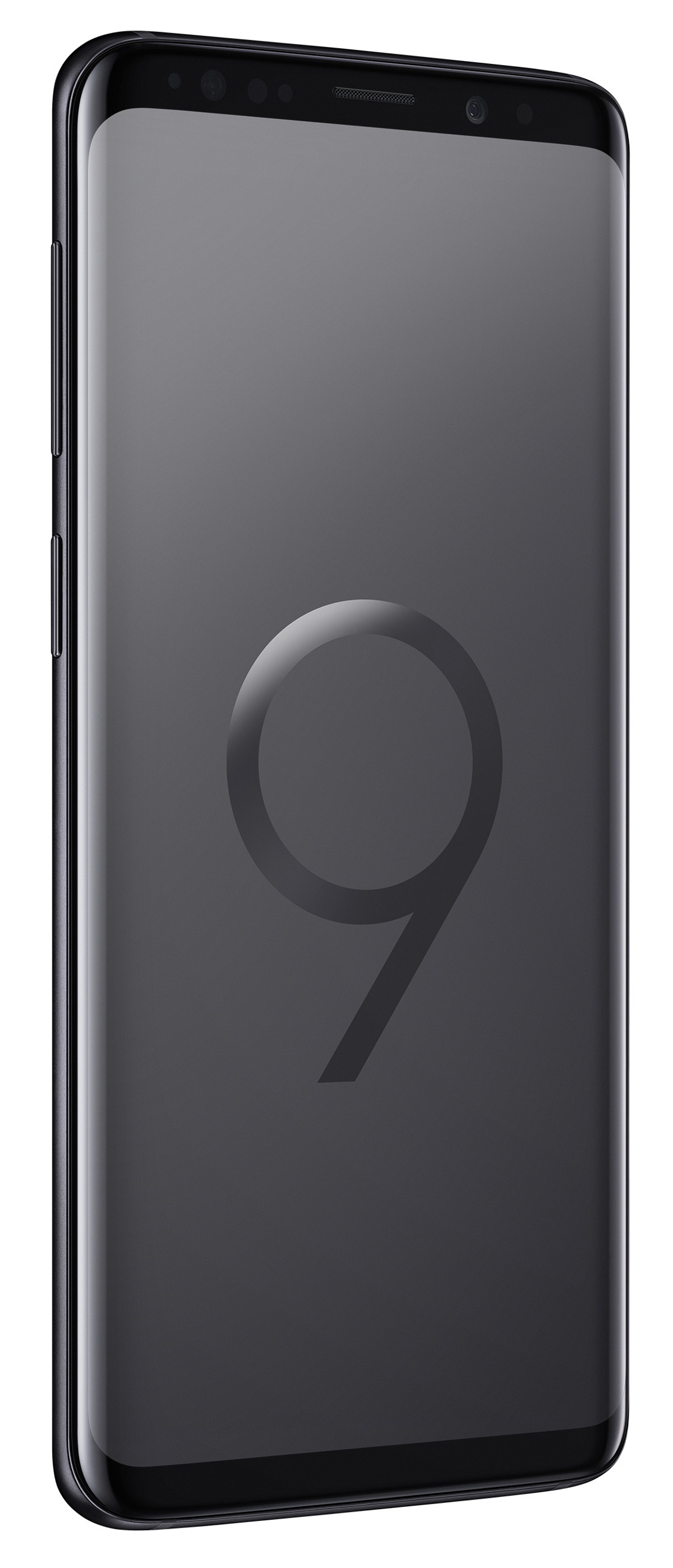 Ein schwarzes Smartphone auf weißem Untergrund, der Bildschirm zeigt die Zahl 9 in Grau.