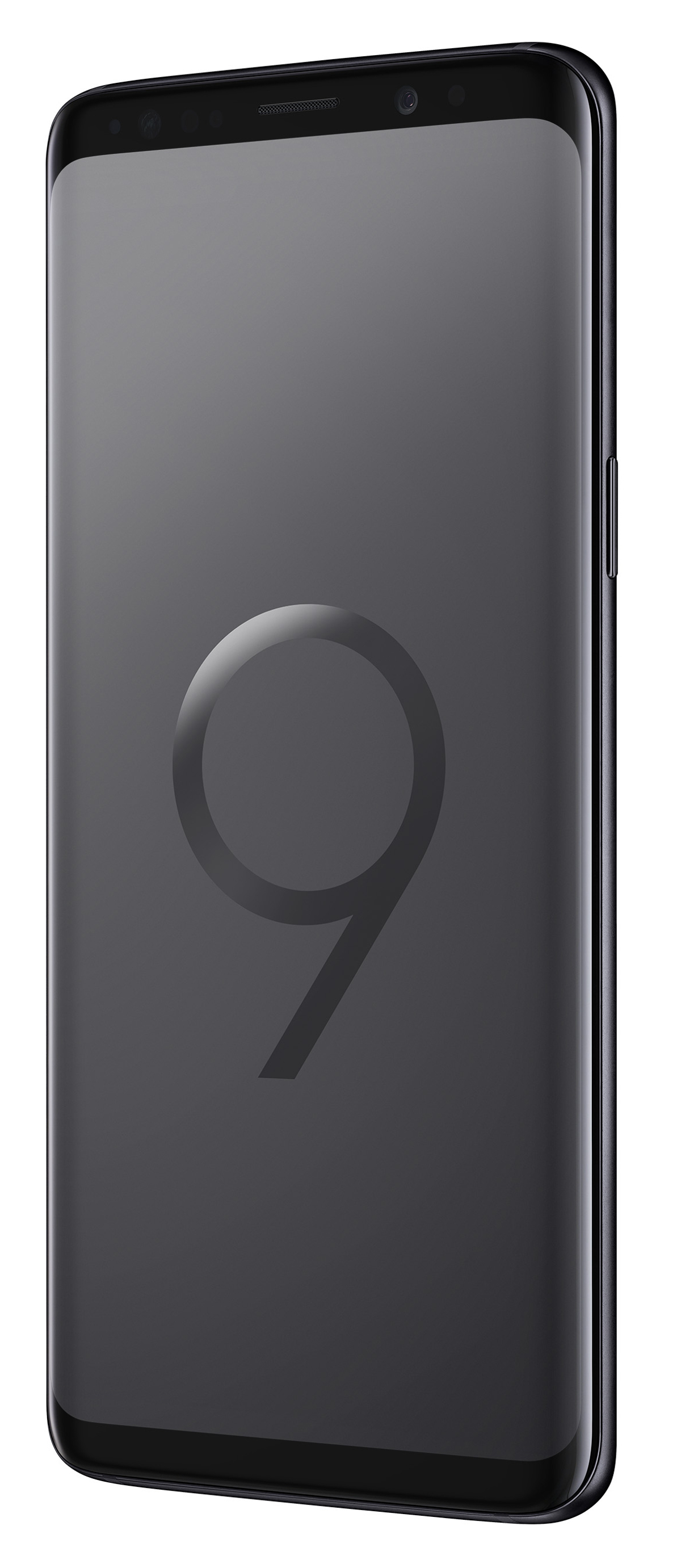Schwarzes Samsung Galaxy S9 Telefon mit einer zentrierten '9' auf dem Bildschirm.