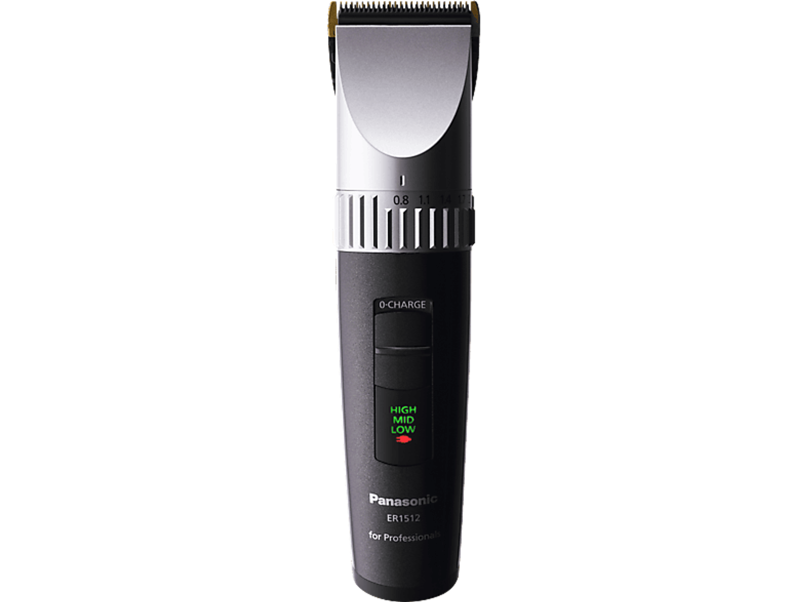 Schwarzer und silberner Panasonic Haarschneider mit Leistungseinstellungen und Ein-/Ausschalter.