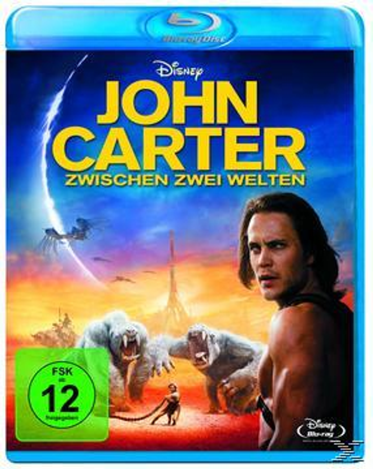 John Carter Blu-ray Cover mit einem Mann, zwei weißen Affen und einer kleinen Figur.