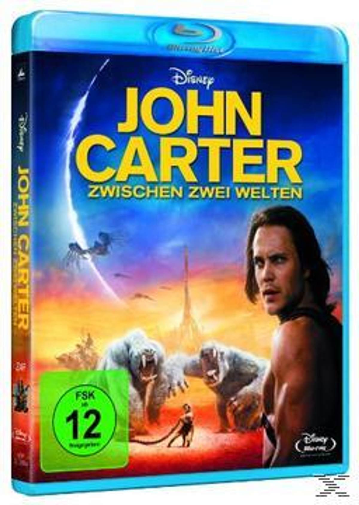 John Carter Blu-ray Cover mit einem Mann, zwei weißen Affen und einer kleinen Figur.