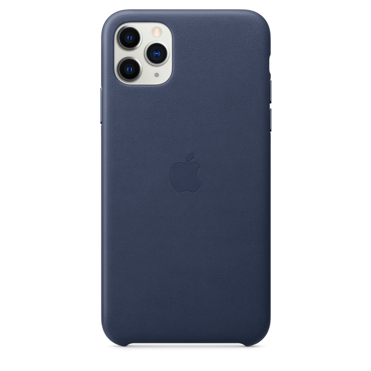 Een marineblauwe iPhone-hoes met het Apple-logo op de achterkant.
