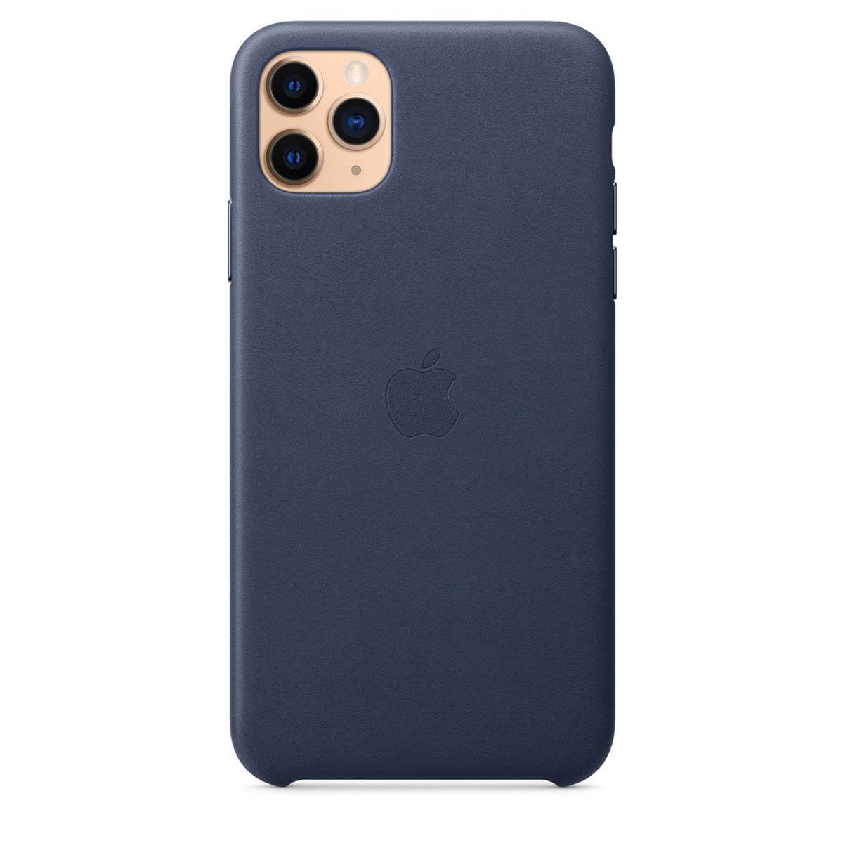 Een blauwe leren telefoonhoes met het Apple-logo en drievoudige camera.