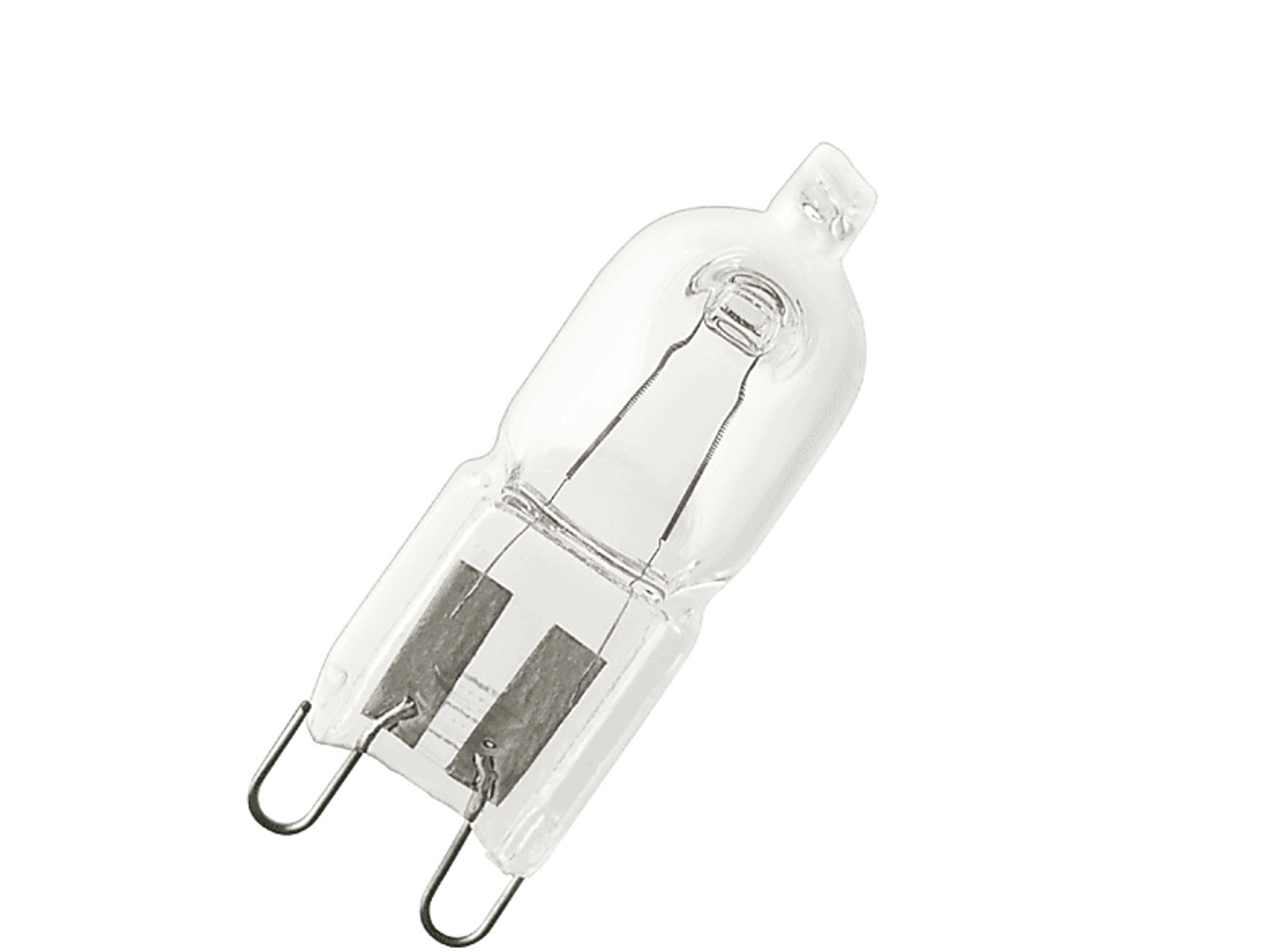 Una lampadina alogena trasparente con due contatti metallici e filamento.