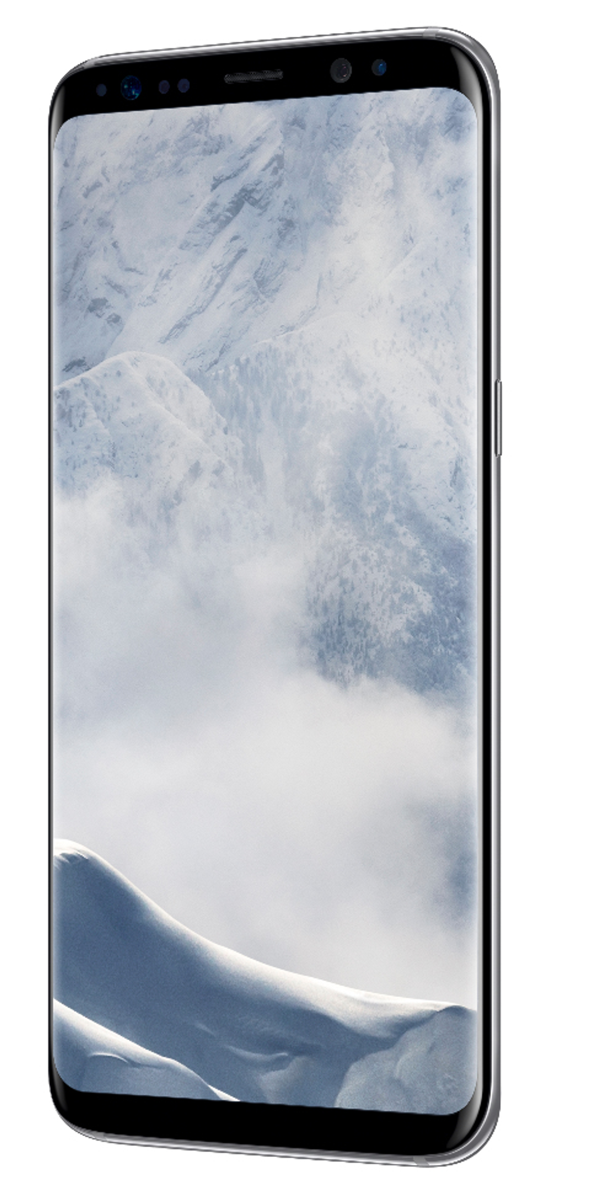 Smartphone zeigt eine schneebedeckte Berglandschaft auf einem gewölbten Display.