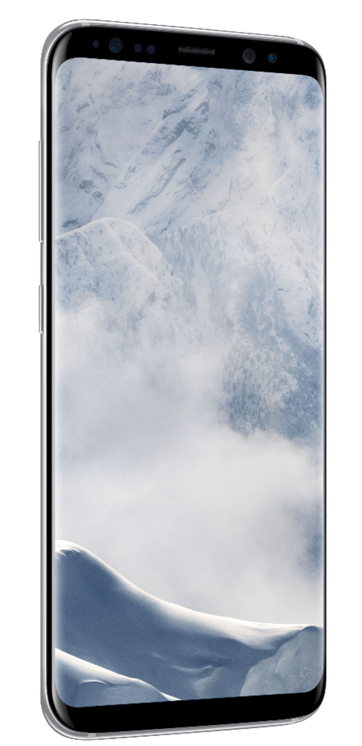 Silbernes Smartphone, das eine verschneite Berglandschaft auf dem Bildschirm zeigt.